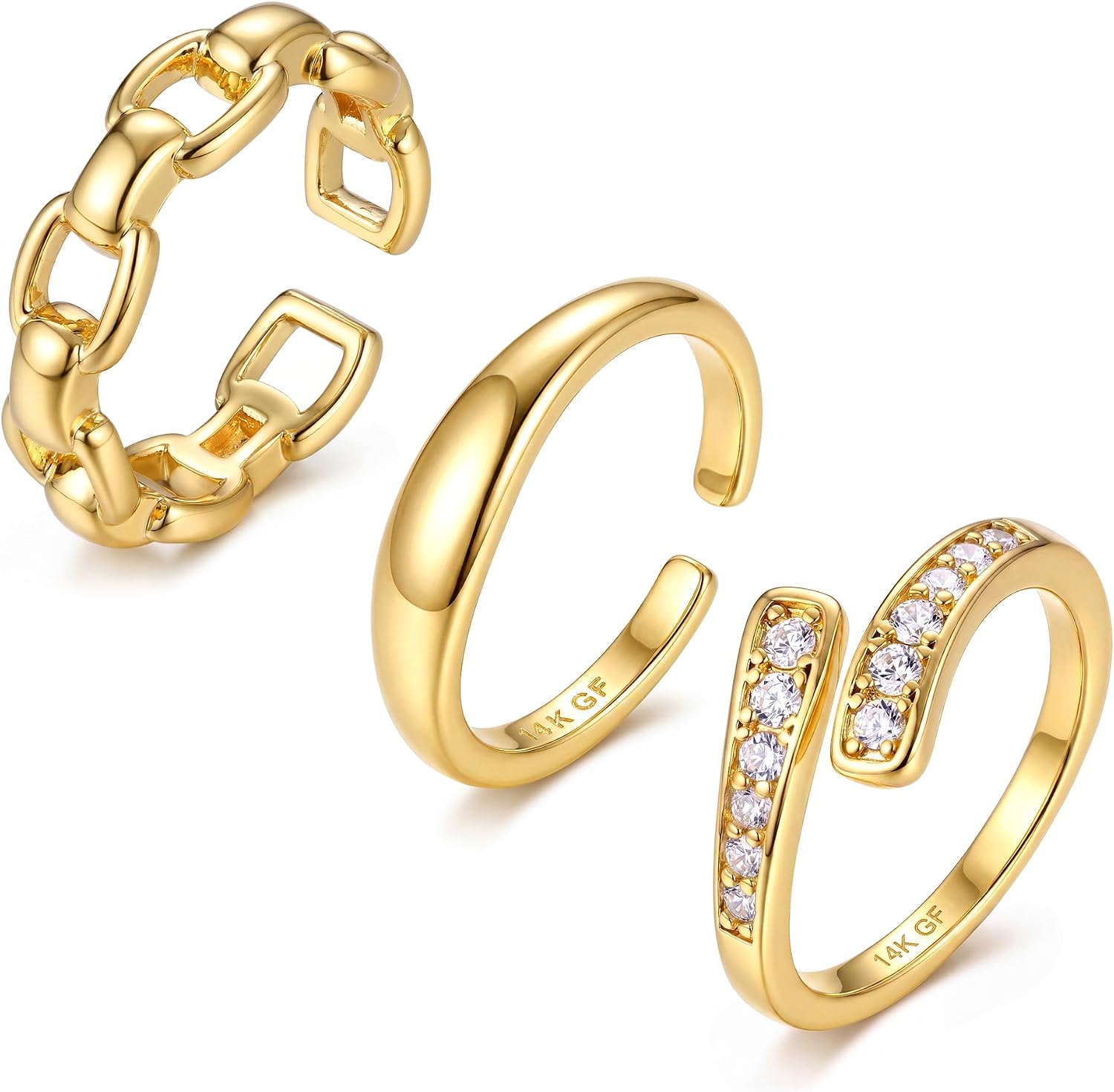 3 Pcs Adjustable Toe Rings for Women, 14K Gold Filled Non Tarnish Waterproof Cute Stackable Toe Ring Set with Cross Star Chain Designs for Beach Summer Sandal Season Vintage Minimalist Gift