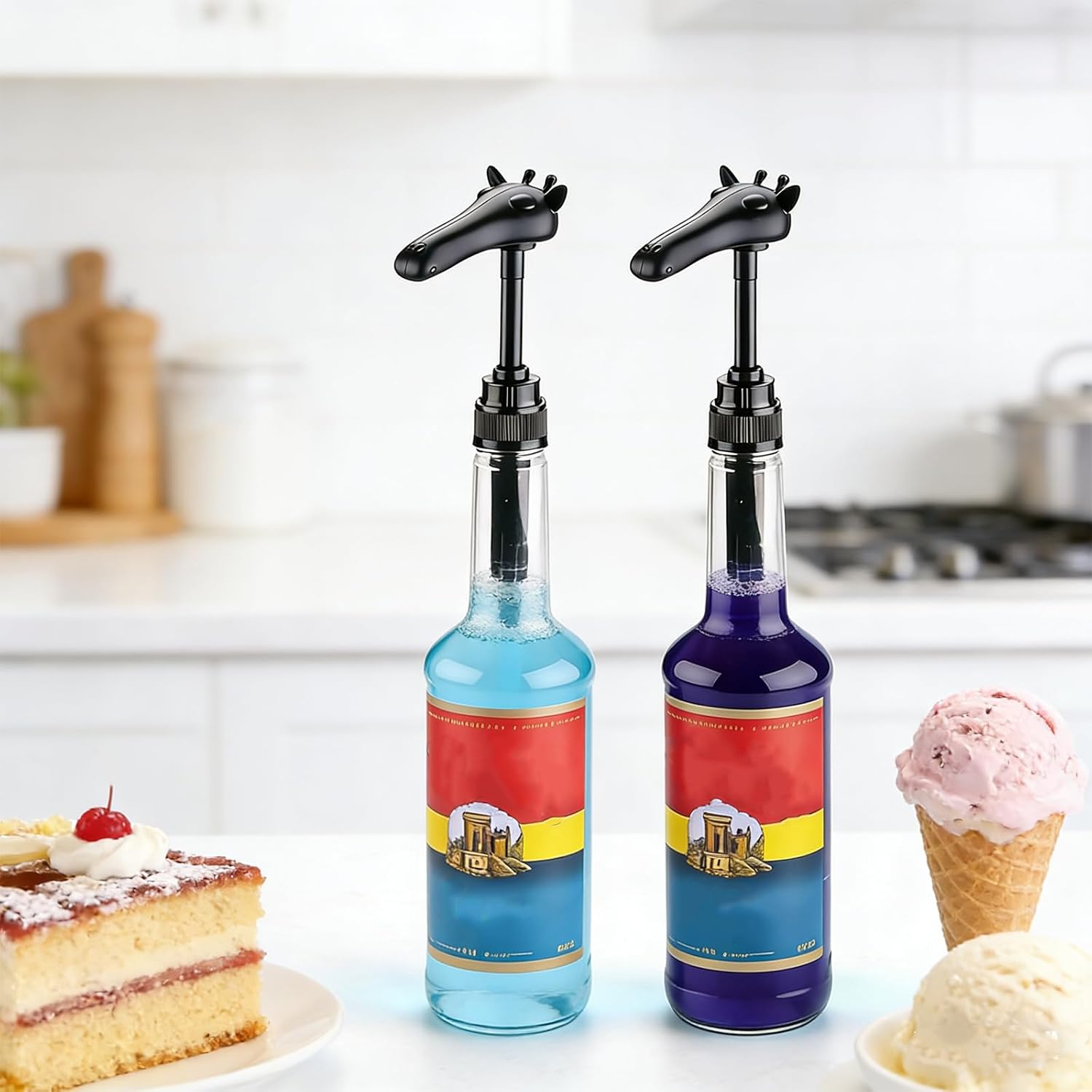 Pour Spout for Torani Sugar-Free Syrup 25.4 Fl Oz Bottle，,New Giraffe-Shaped Nozzle Cap for Liquids and pastes, Syrup Pump Each Precise Dispensing is 0.34 oz(10ml) Lockable Design (4, Black)
