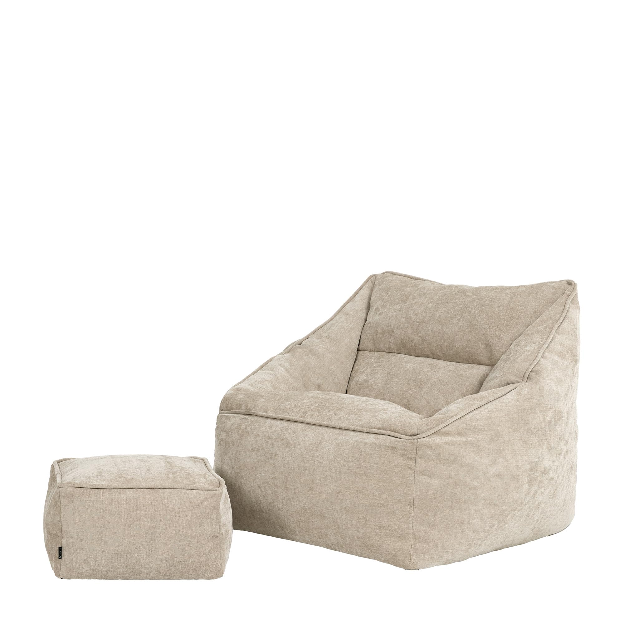 Icon Natalia Sitzsack Sessel mit Hocker für Erwachsene, Beige, Flauschiger Chenille Stoff, Riesen Sitzsack mit Füllung, Bean Bag Chair, Bequemer Sessel, Lounge, Schlafzimmer, Wohnzimmer Möbel