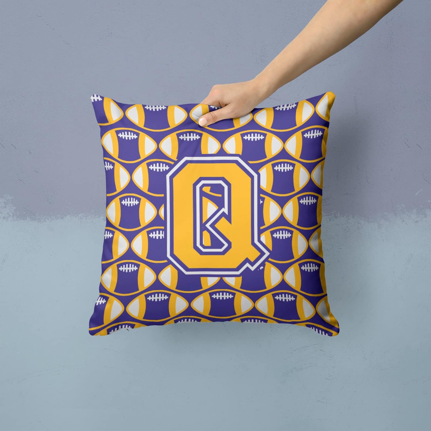 Caroline's Treasures CJ1064-QPW1414 Letter Q Football Purple and Gold Fabric Decorative Pillow Machine Washable, Indoor Outdoor Decorative Pillow for Couch, Bed or Patio, 14Hx14W
