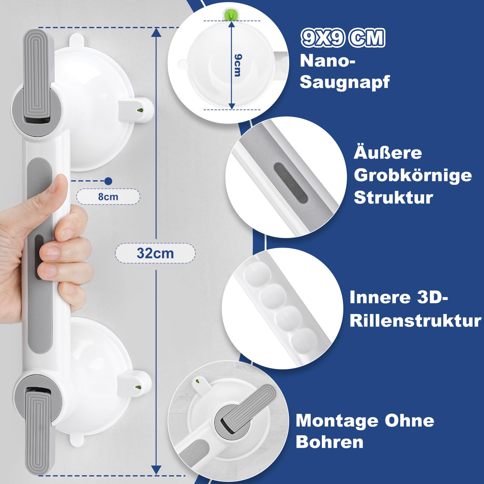 Haltegriffe für Senioren mit Saugnapf, Haltegriff Dusche & Badewanne Ohne Bohren MAX 200KG, Abnehmbare – Rutschfester Sauggriff mit Teppich für Bad WC Treppen & Behinderte Mobilitätseinschränkungen