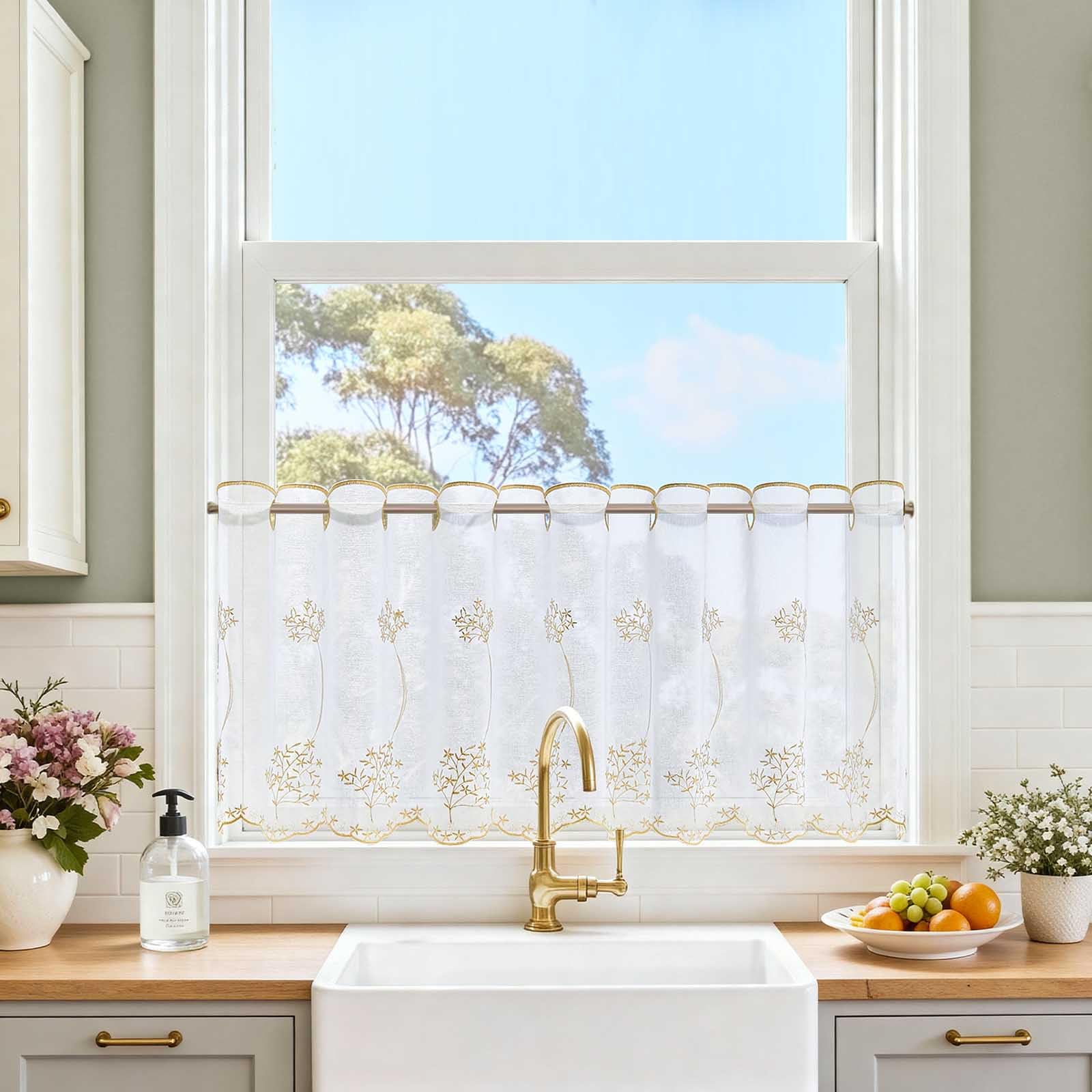 TOPICK Beige Kitchen Curtain, Floral Embroidered Cafe Valance, W57xL18 Inch — image 1