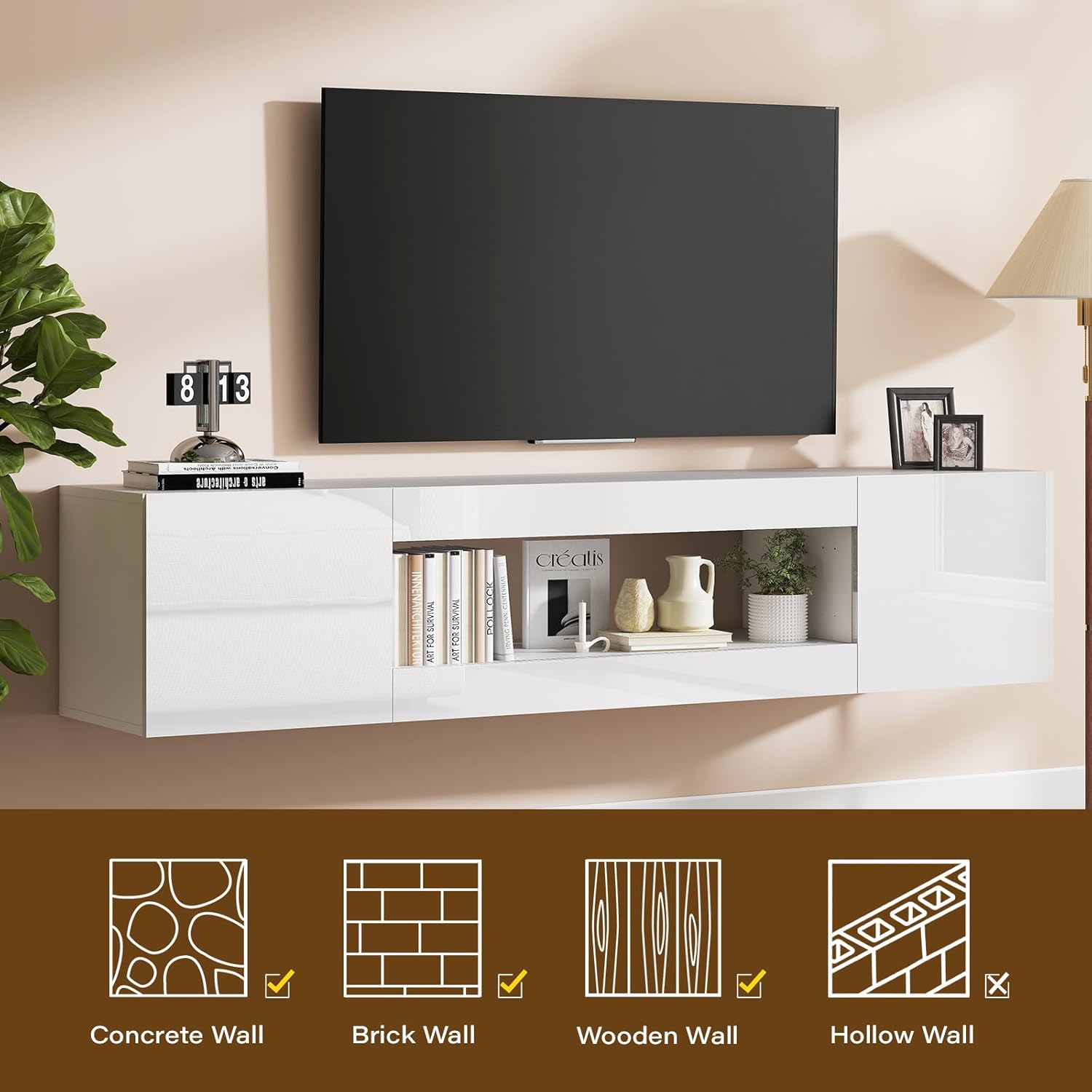 70" Floating TV Stand for TVs Up to 80", Wall Mounted Entertainment Center with Storage, Modern Floating TV Shelf with Flip Doors, High Gloss TV Cabinet for Living Room, White