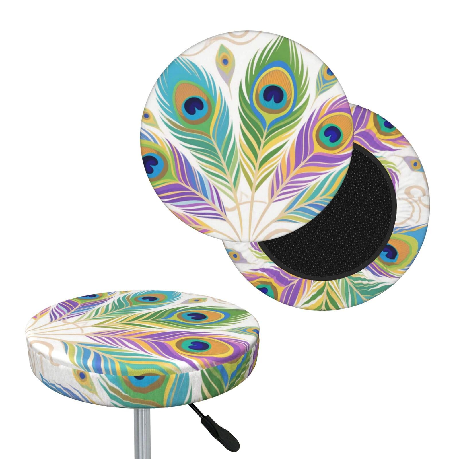 FekiLoot Peacock Feather Round Bar Stool Covers Stretch Washable Bar Stool Covers Dustproof Slipcover Bar Chair Covers with Elastic Band for Bar Kitchen Living Room Decor 14 Inch