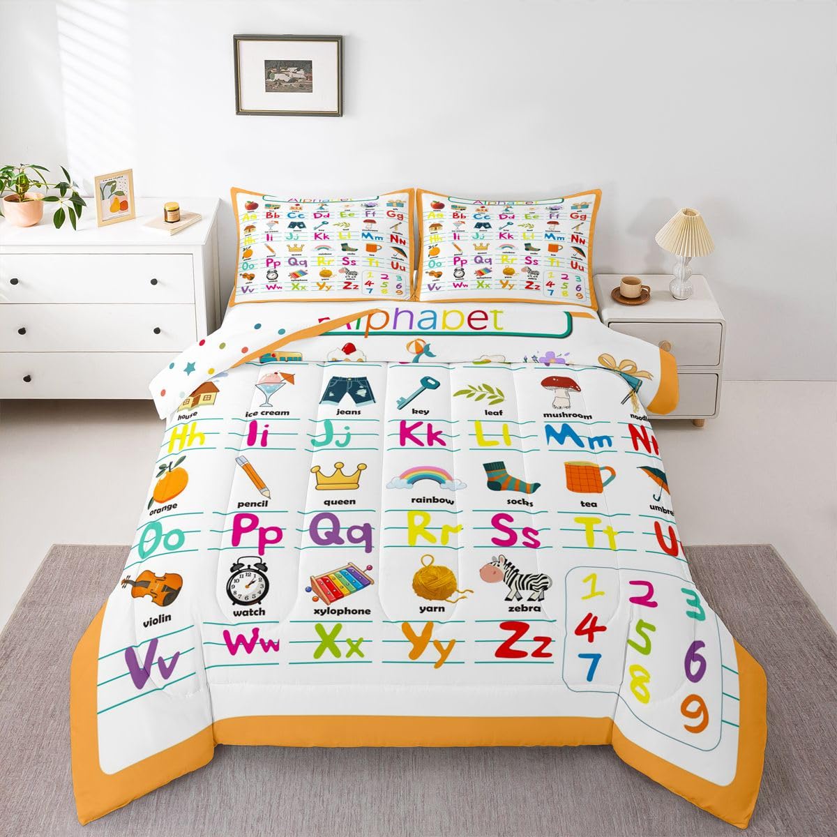 Feelyou ABC Alphabet Comforter Set Full Size, Cute Educational Learning Tool Bedding Set for Kids Toddler Cartoon Animal Comforter Learning Educational Duvet Set Durable Bed Set 3Pcs