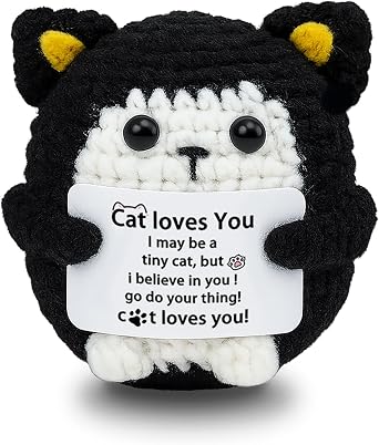 Cheer Up Black Cat Positive Crochet Animals Cat Lovers Gifts for Women Friends Mom Daughter Emotional Support Crochet