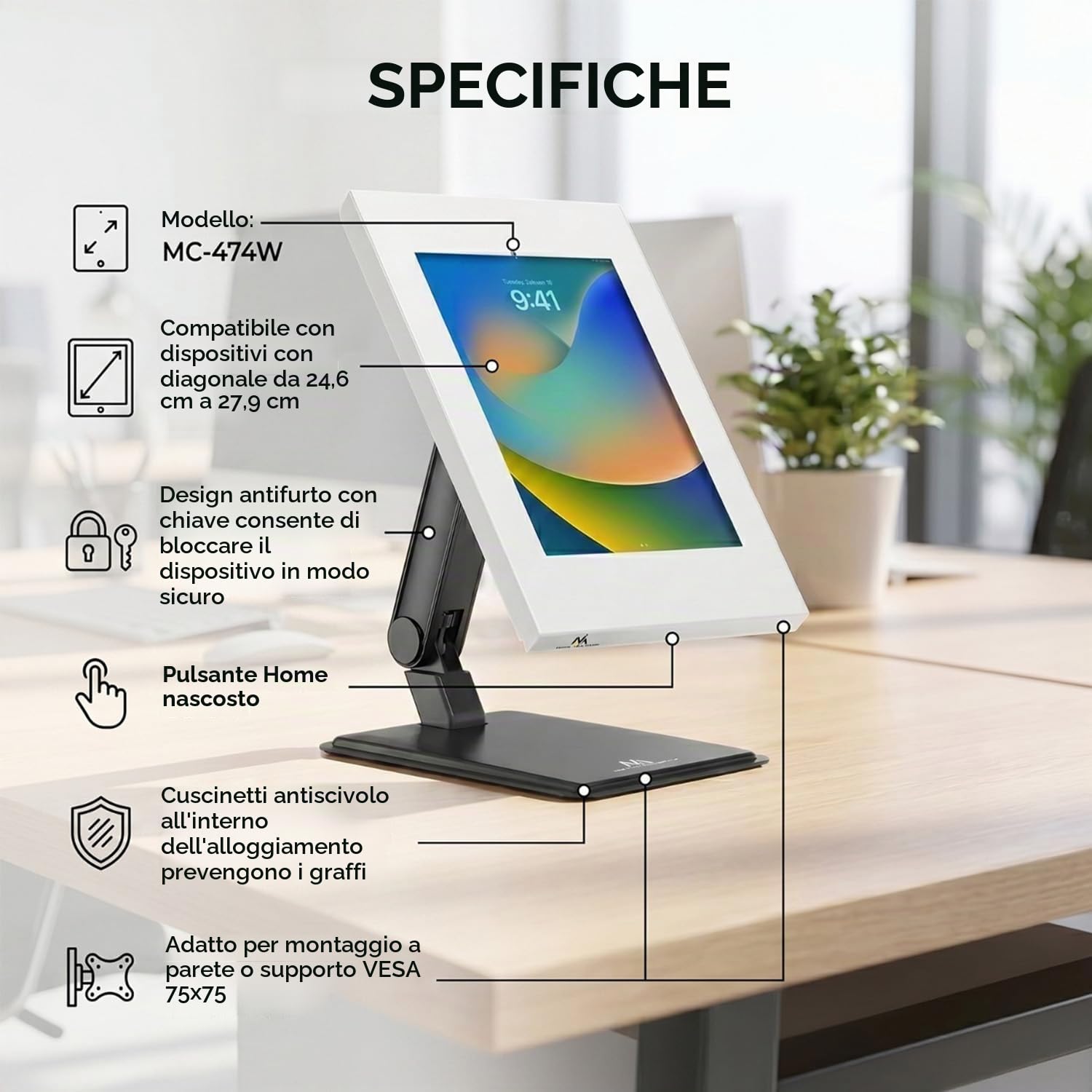 Supporto pubblicitario per tablet Maclean, supporto a parete con blocco, 9,7"-11", iPad/iPad Air/iPad Pro, Samsung Galaxy Tab A/Tab A7/Tab S6 Lite, MC-474W