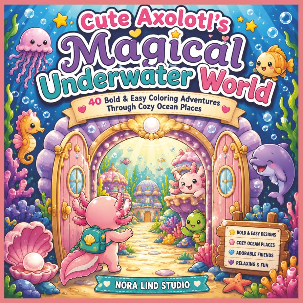 Cute Axolotl's Magical Underwater World: 40 Bold & Easy Coloring Adventures Through Cozy Ocean Places (Axolotls Adventures Coloring Book Series)