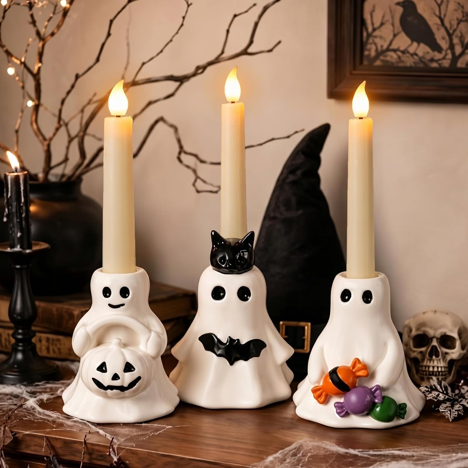 Havawish 3 Pcs Halloween Ghost Candlestick Holder Cute Ghost Candle Holder