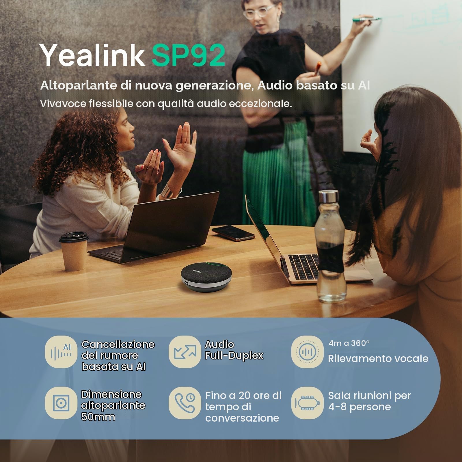 Yealink SP92 Altoparlante e microfono per conferenze da ufficio, altoparlante Bluetooth portatile con USB, microfono con cancellazione del rumore AI, 20 ore di chiamata, per piccole sale riunioni