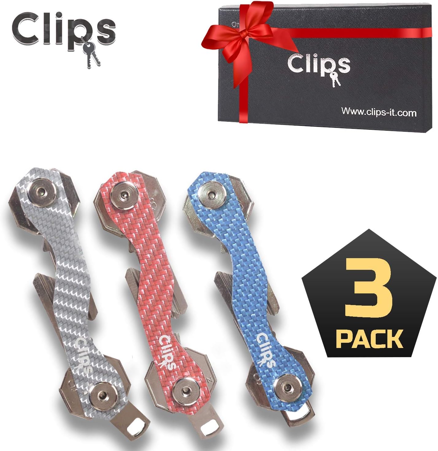 Clips™ (3 Pack) Smart Compact Key organizer Keychain. Made of Carbon Fiber & Stainless Steel- Pocket Organizer Up to 28 Keys Lightweight, Strong-Key Gadget Includes Extras (Blue + Red + Silver)
