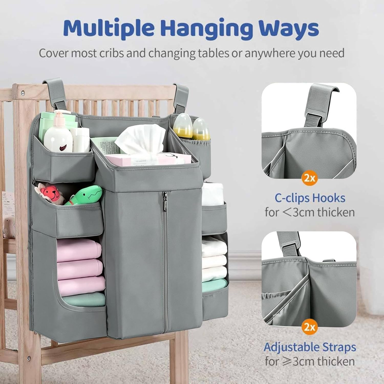 Diaper Storage Organizer, Hanging Pocket Holder, Large Capacity Zipper Bag | Daycare Storage Bag, for Child Crib Wardrobe Bedroom Wall Bassinet Home Feeding Bottles Child Care Necessary 50x49x16cm