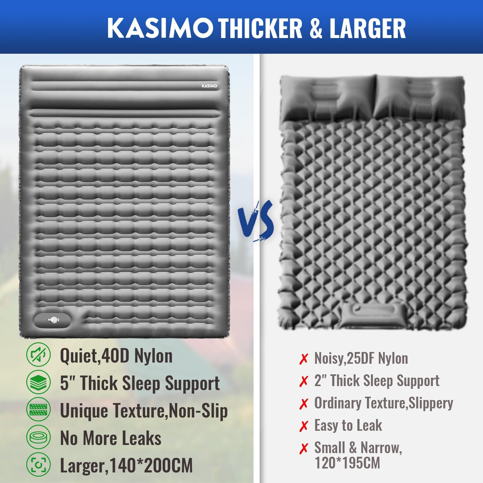KASIMO Isomatte 12CM Luftmatratze Camping mit integrierten kopfkissen, Aufblasbare Matratze mit Fußpumpe Ultraleichte & Kompakte Isomatte - perfekt für unterwegs Wandern Zelt