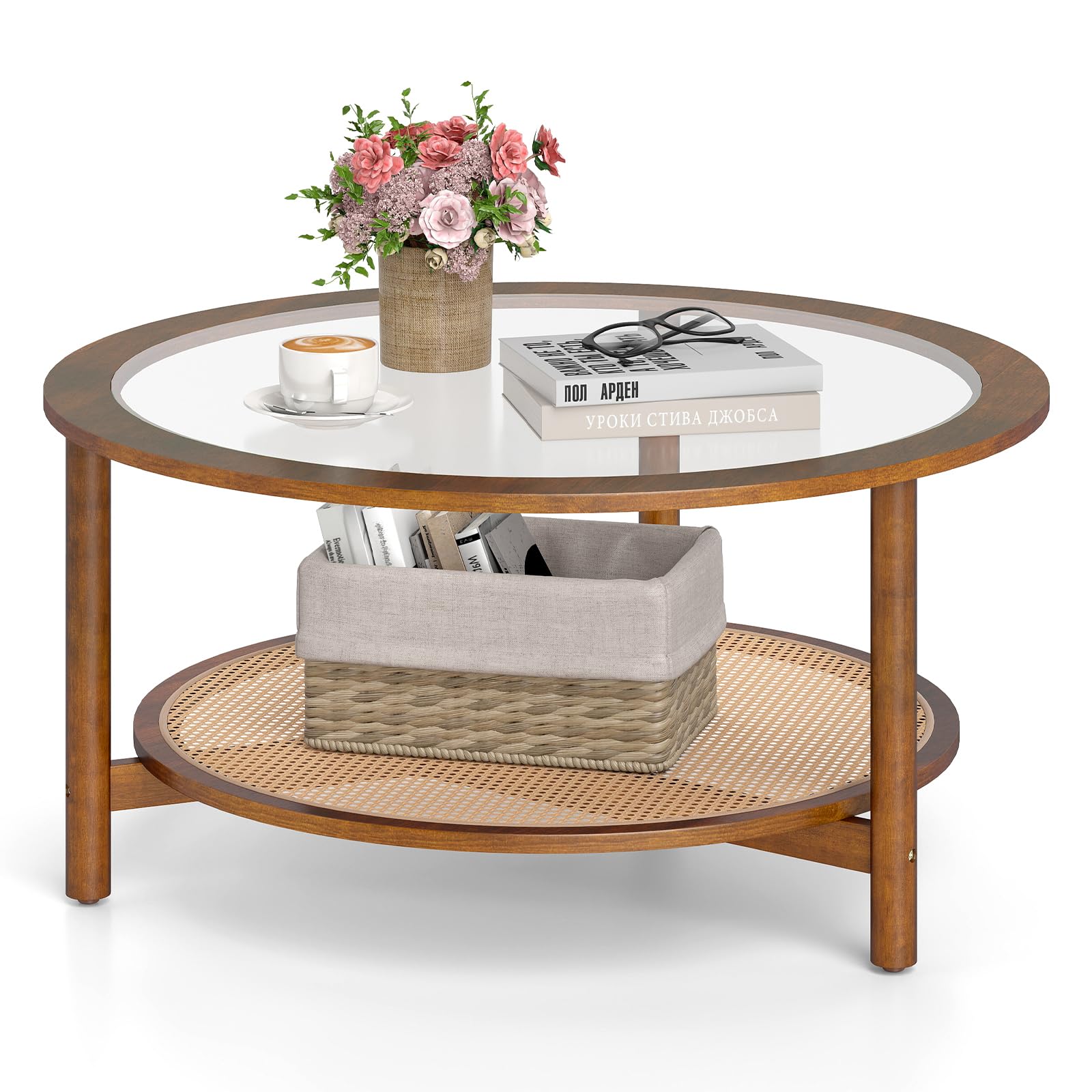 COSTWAY Couchtisch, Ø90 cm runder Beistelltisch mit Glasplatte & Ablage