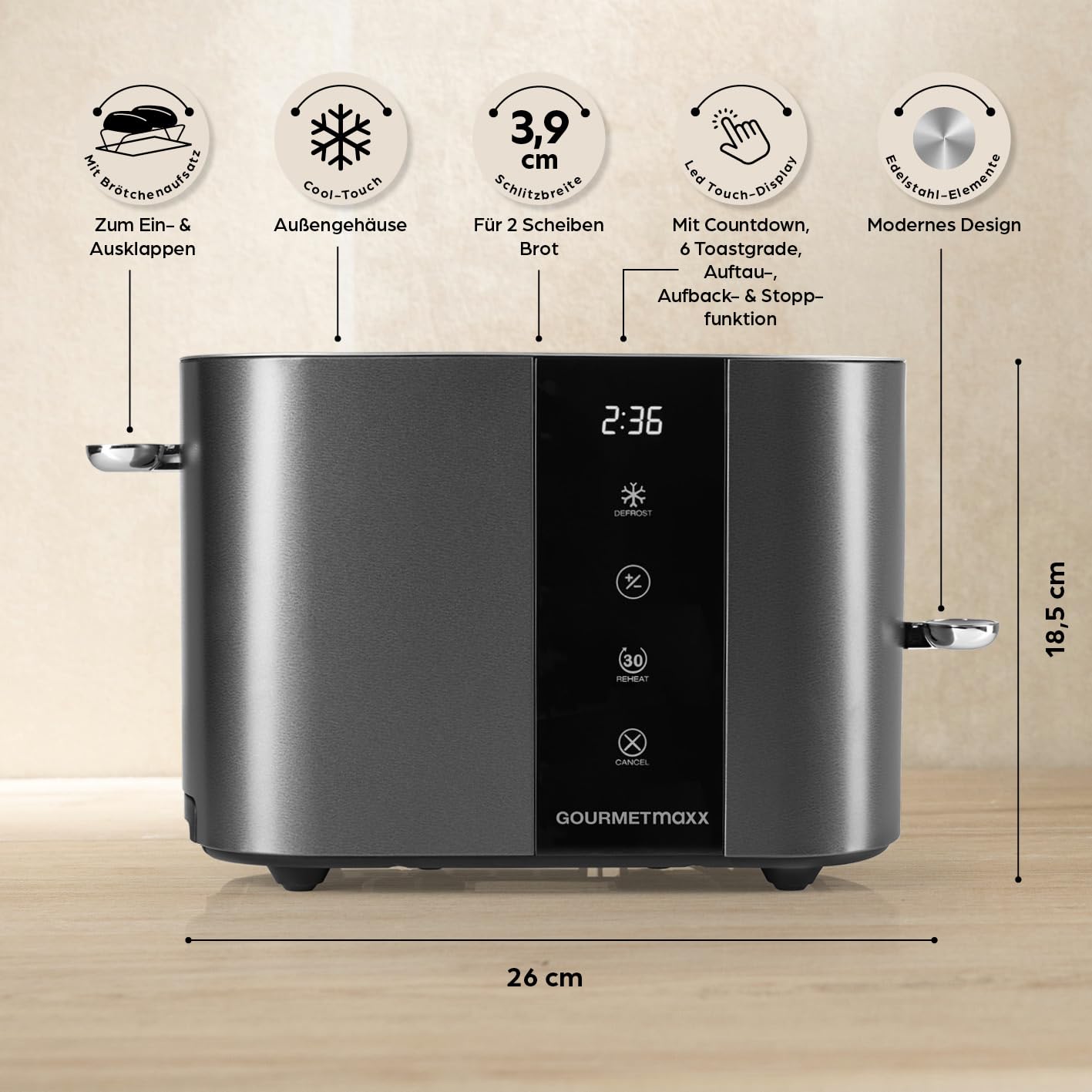 GOURMETmaxx Toaster Kurzschlitz für 2-Scheiben | Toaströster Anthrazit mit 6 Bräunungsgraden und Ready-2-eat-Countdown | Elektrisches Küchengerät mit Touchdisplay, Brötchenaufsatz & Aufwärmfunktion