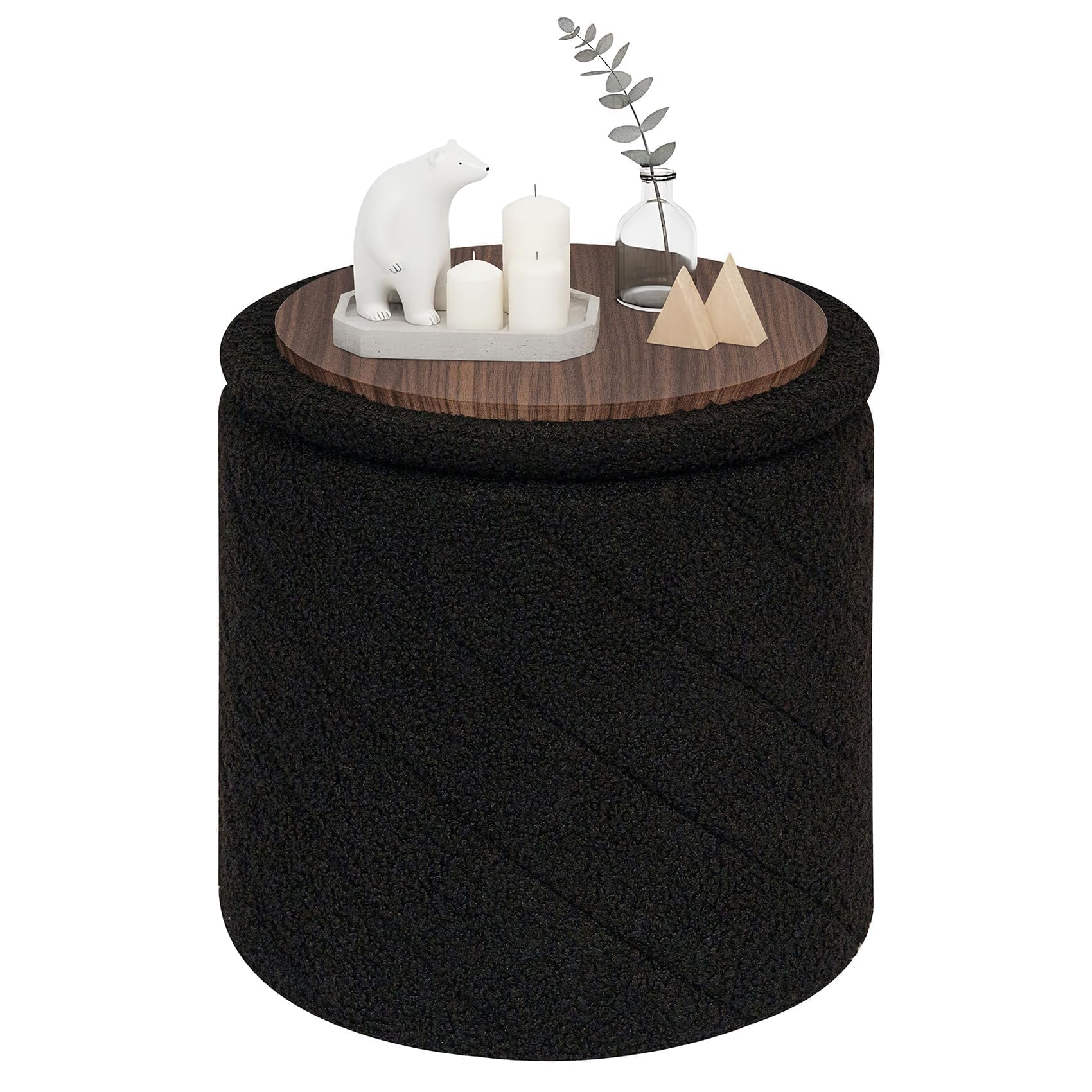 PINPLUS Pouf Contenitore Rotondo Pieghevole, in Teddy Bouclé, con Coperchio Ribaltabile come Tavolino, per Soggiorno e Camera, Ø 33 x 35 cm, Nero