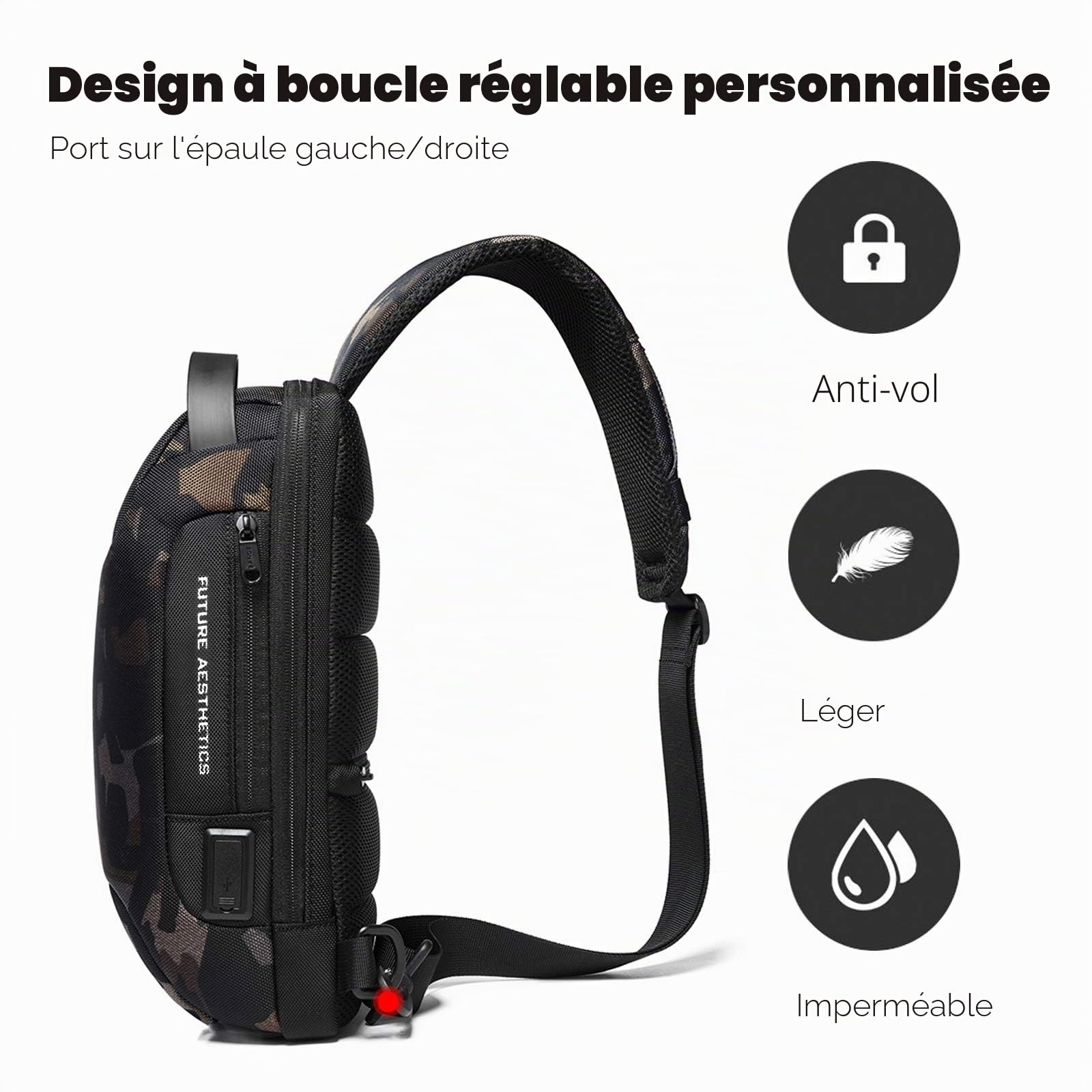 FANDARE Sac de Poitrine Sling Crossbody Bag avec USB Homme Femme Affaires Sacoche Grande Sac d'Epaule Garçon Sacoche de Ceinture Sac Bandoulière pour Voyage Randonnée Cyclisme Jogging Durable
