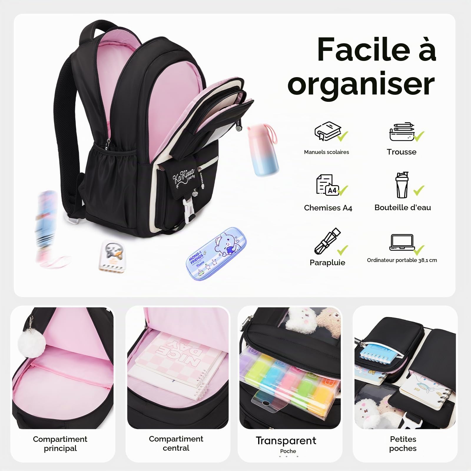 Amythe Sac à Dos Fille, 3 Pièces Cartable Fille Primaire en Nylon, Noir