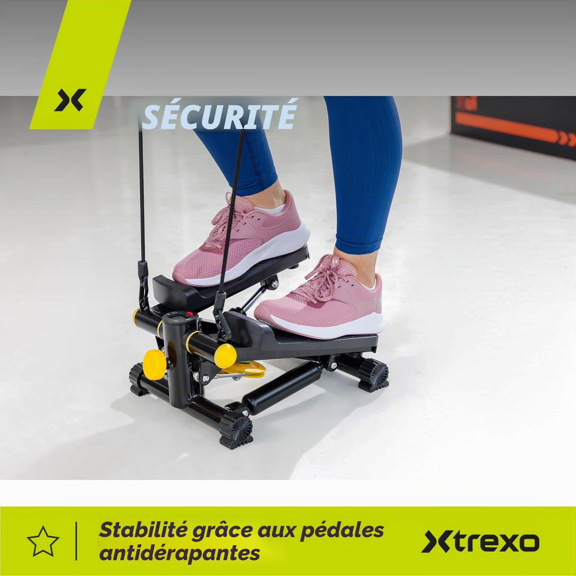TREXO Stepper pour l'Entraînement à Domicile Fitness Cardio Hauteur des Pédales et Résistance Réglables Affichage Facile à Lire Câbles Robustes Capacité de Charge Jusqu'à 100 kg Noir/Jaune TRX-FS100