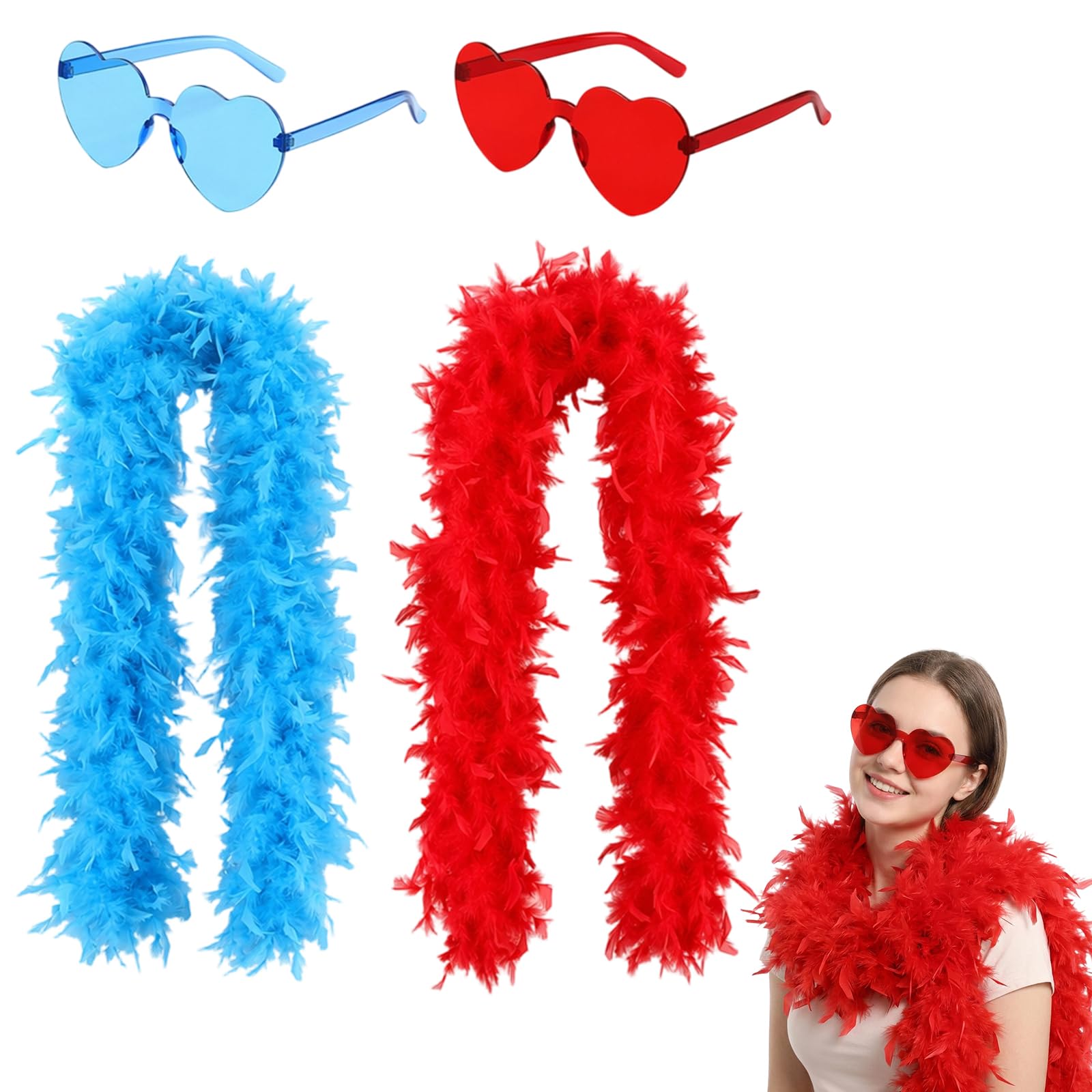 BeoTnp Feather Boa, 4pcs Feather Scarf Set with Feather Boa Blue And Red, Blue and Red Heart Glasses, Ideal for Dance Performances, Carnival, Halloween, Photo Props, Themed Party Outfits