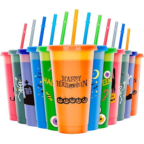 12 Pack 24 oz Halloween Color Changing Cups with Lids and Straws - Halloween Decorations, Halloween Party Supply, Plastic Tumblers, Halloween Cups for Kids Adult Halloween Party Favors