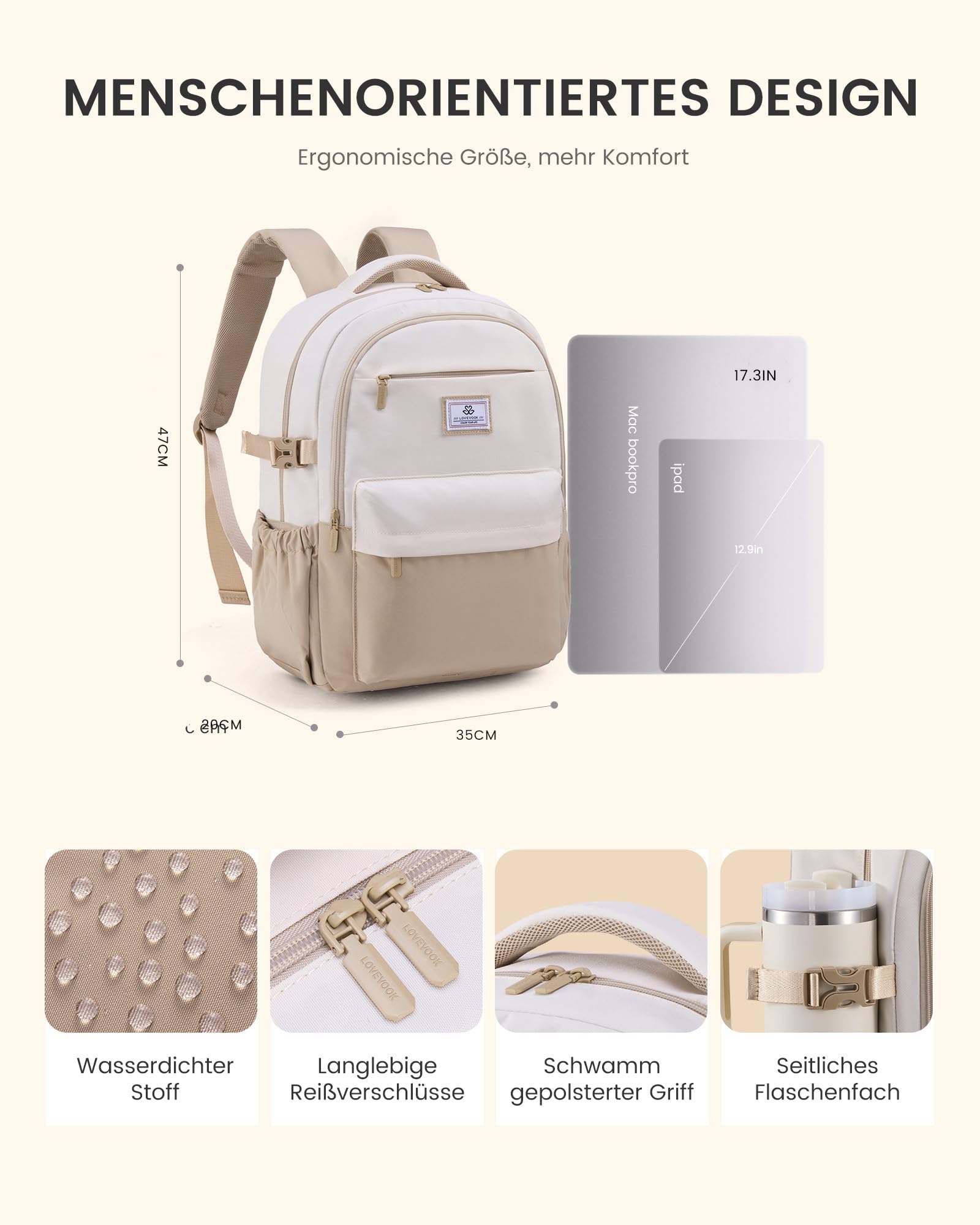 LOVEVOOK Zaino da donna per laptop da 15,6 pollici, zaino per la scuola, per ragazze, adolescenti, impermeabile, con molti scomparti, zaino da lavoro moderno, per scuola, viaggi, lavoro, cachi e beige