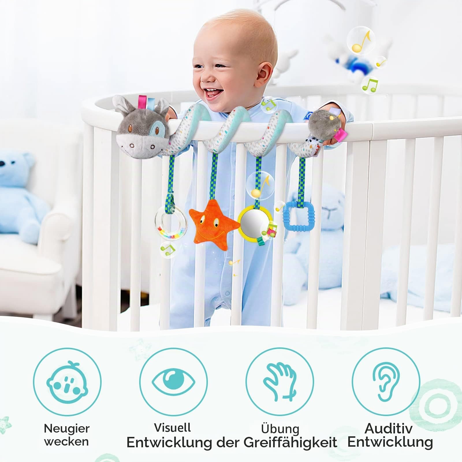 Vicloon Activity-Spirale Spielzeug, Kinderbett Spiralspielzeug, Babyschale Spielzeug Aufhängen an Babyschale, Wiege, Für Babys und Kleinkindern ab 0+ Monaten - Reise AktivitätSpielzeug(Esel)
