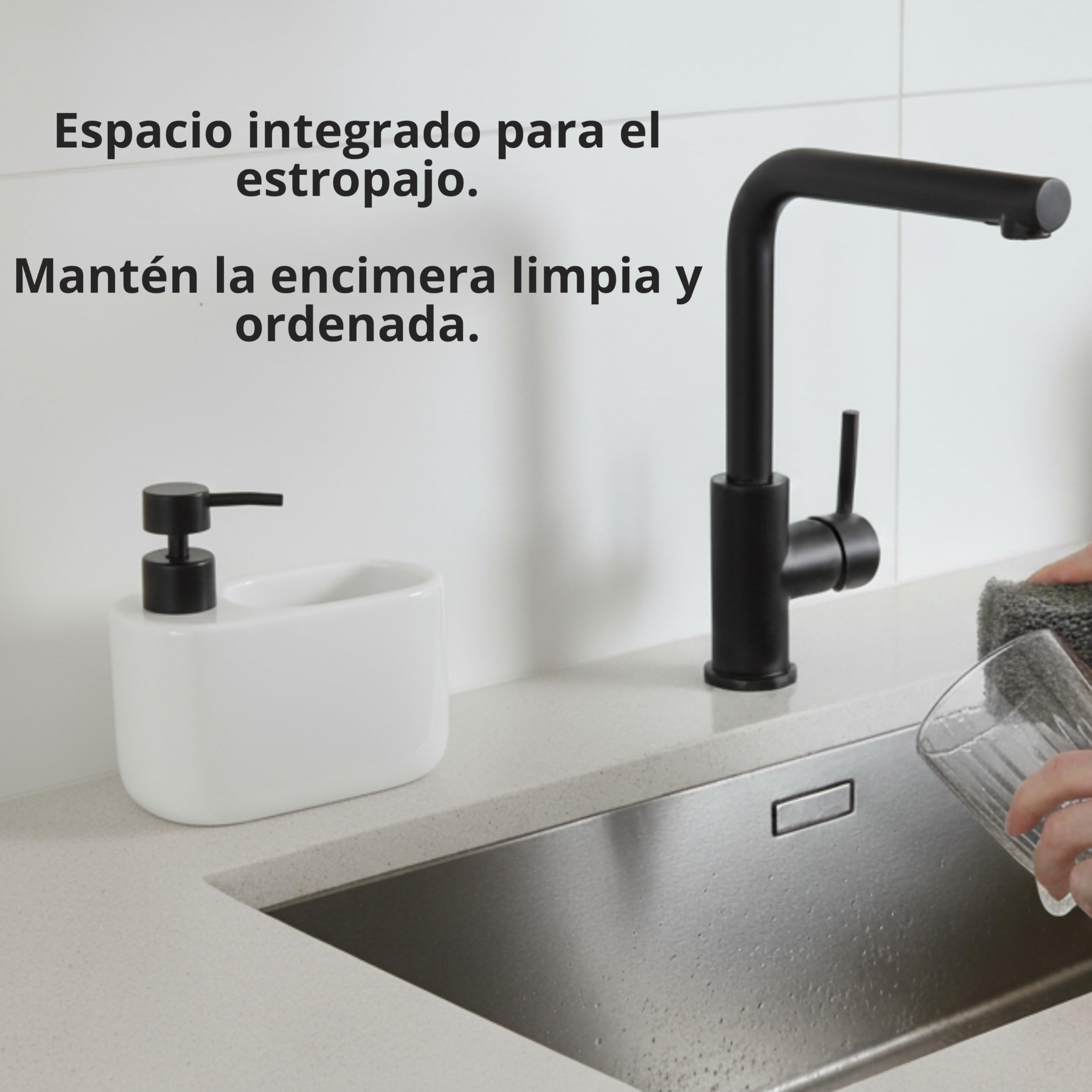 Kook Time Dispensador de Jabón Cocina con Estropajero 520 ml Curve - Dosificador de Cerámica y Soporte para Esponja. Organizador de Fregadero Estrecho. 18 x 7.3 x 15 cm. - Blanco - 4