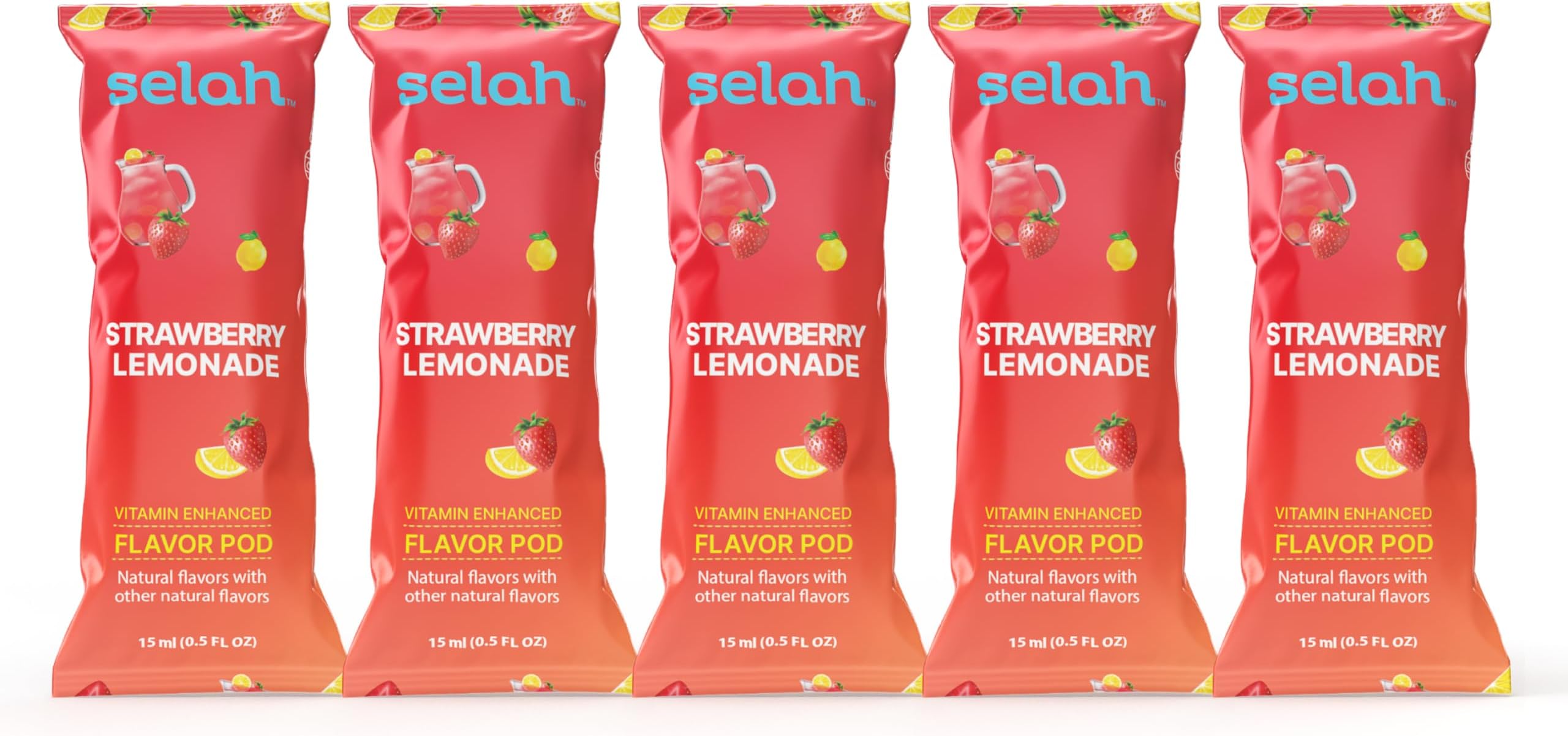 Selah Flavor Pods - Water Enhancer Refill Pods for Selah Water Bottle - Fruit punch, Watermelon, Green Apple, Strawberry Lemonade, Peach, Pineapple, Lemon, Orange Sport, Watermelon Sport, Berry Energy - Flavored Five Pack Of Refill Pods (Strawberry Lemonade)