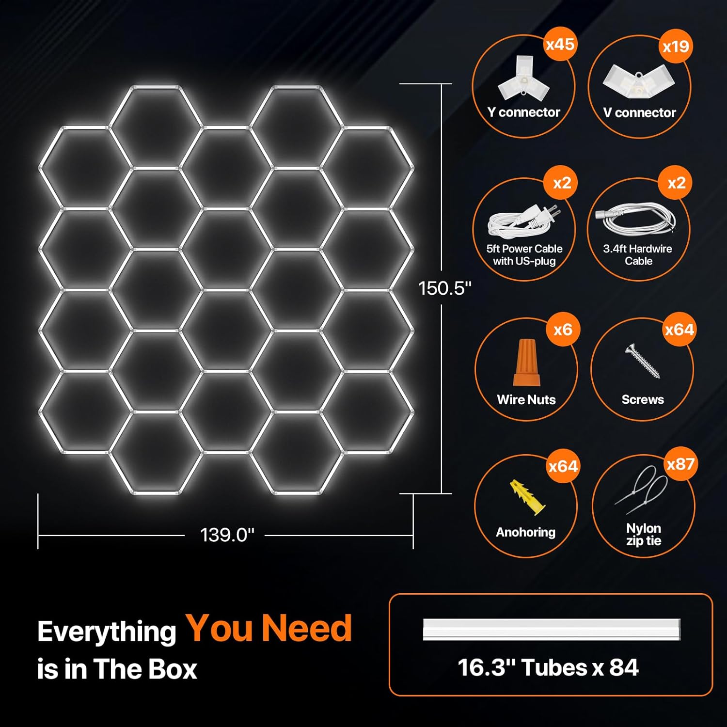 Hexagon Garage Lights: 581W 22 Grids Hexagon Led Lights, 6500K Ultra Bright Hex Light, Honeycomb Light for Garage, Shop, Basement, Barber, Homegym