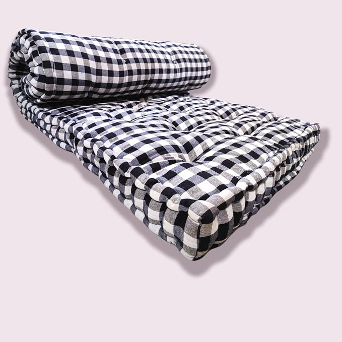 ATOOTFUSION Soft 5-Inch Thick Cotton Box Quilt Mattress | Medium Firm, Reversible, Foldable, Single Bed Mattress | Gadda with White & Black Checkered Pattern | Single Size (72x36x5 Inch)
