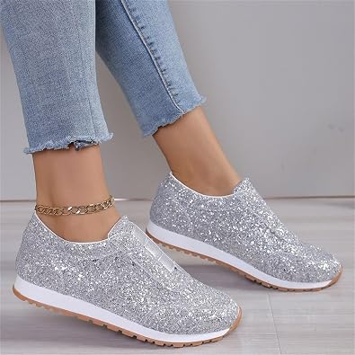 Women's Glitter Sneakers Breathable Lightweight Wide Width Tennis Shoes Slip on Arch Support Walking Shoes