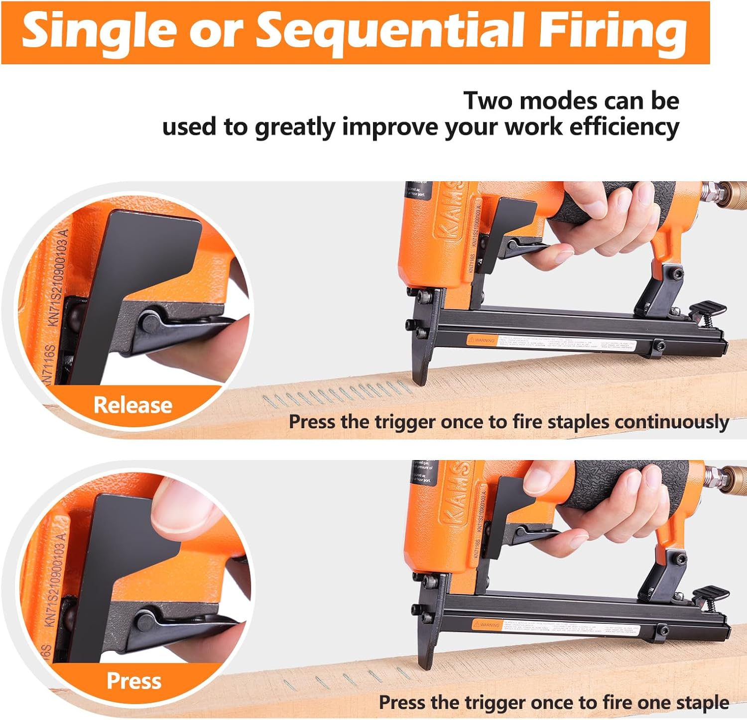 KN7116S 22 Gauge Pneumatic Upholstery Continuous Firing Stapler, Fits 71 Series 3/8" Crown (9.1mm) Staples, Air Staple Gun Power Fine Wire Stapler for Furniture, Decoration