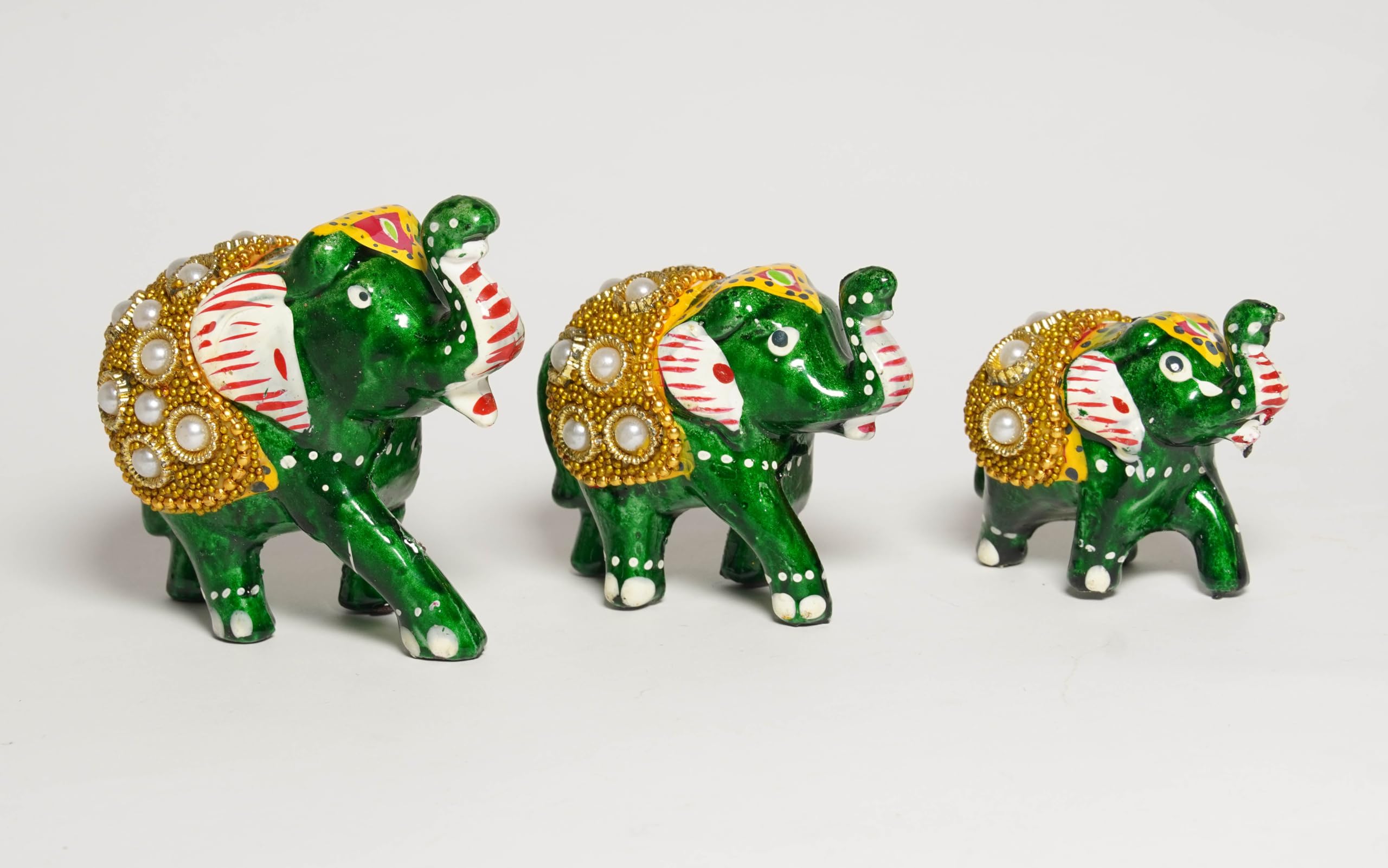 IBA Indianbeautifulart, Handcrafted Elephant Sculpture Set Of 3 - Small Decorative Accents For Shelves, Handmade Decorative Sculpture, Gifts For Mom Birthday Wedding House Warming Gifts- Green