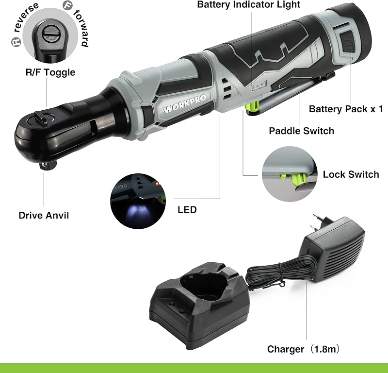 WORKPRO Elektromos Racsnis Kulcs Készlet, 12V, 55 Nm, 3/8" Méretű, LED Világítással, 2.0 Ah Akkumulátorral, 9 Dugókulccsal és Táskával