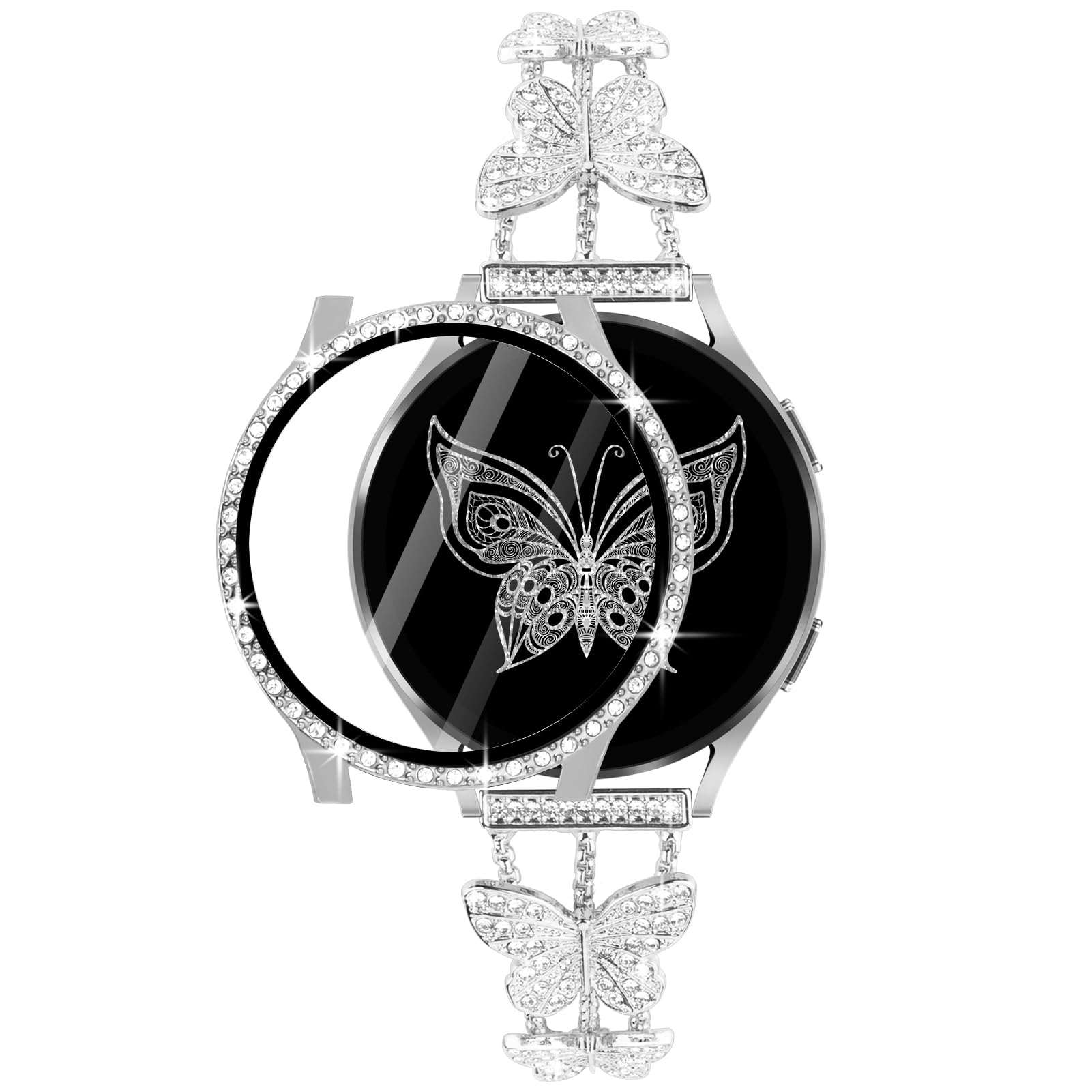 Shesyuki Bling Band with Case Compatible with Samsung Galaxy Watch 4 & 5 40mm 44mm Model?Glitter Screen Protector Case with Bling Diamond Butterfly Bracelet for Women (Silver-40MM)