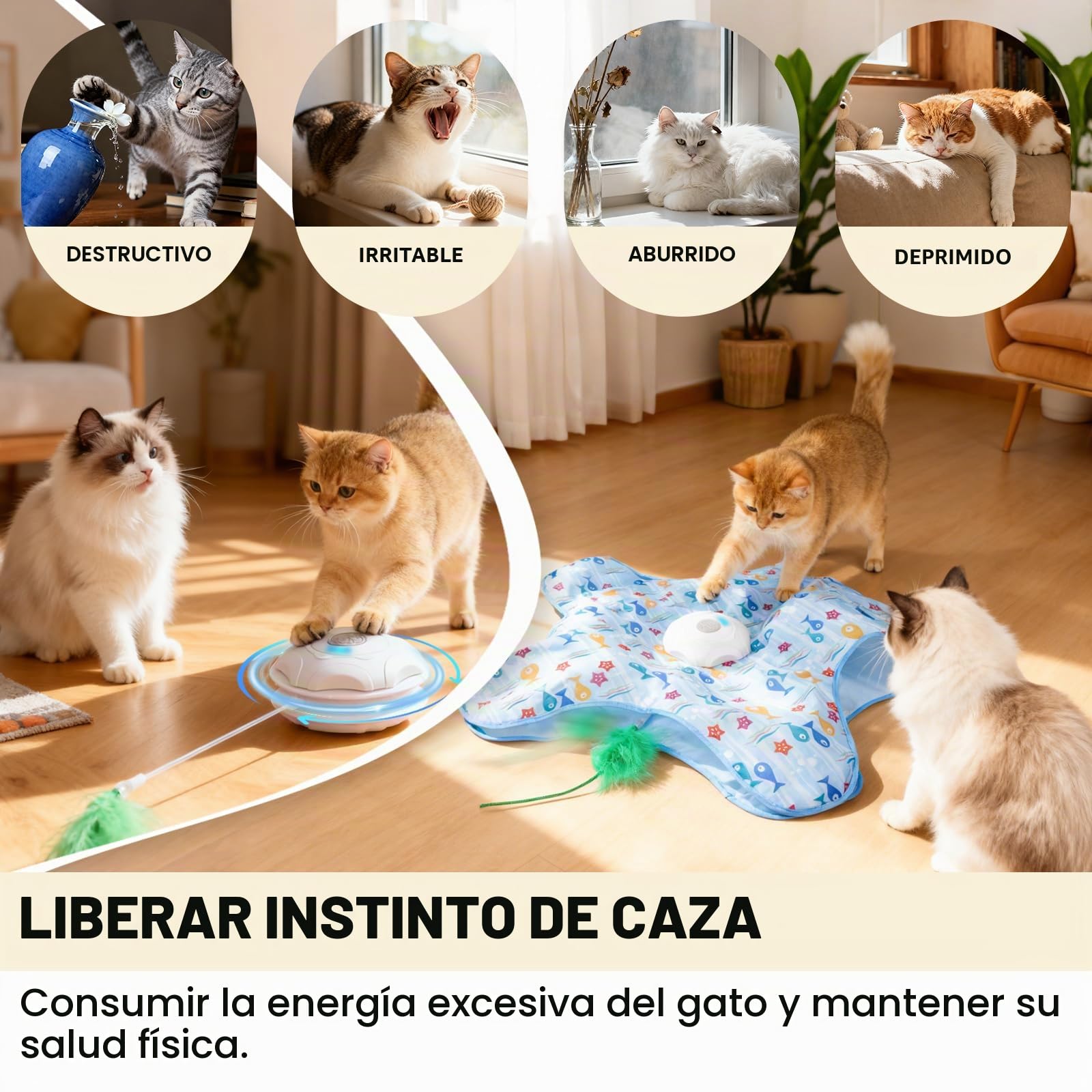 FIVAVA Juguete de Gato Interactivo,Juguete para Gato Recargable y silencioso,Juegos para Gato de Caza con 3 Plumas reemplazables