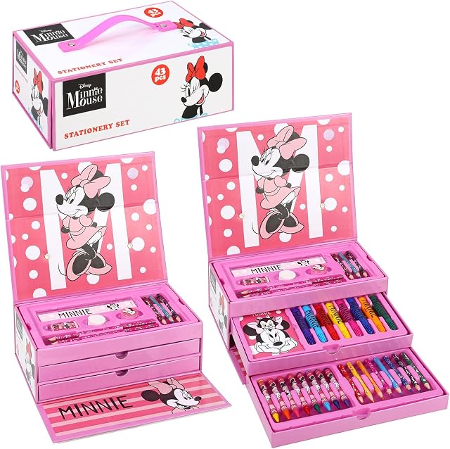 Minnie Mouse Kids 43pc Colouring Art Stationery Set with Watercolour Felt Tip Pens Crayons and Pencils Travel Set for Children