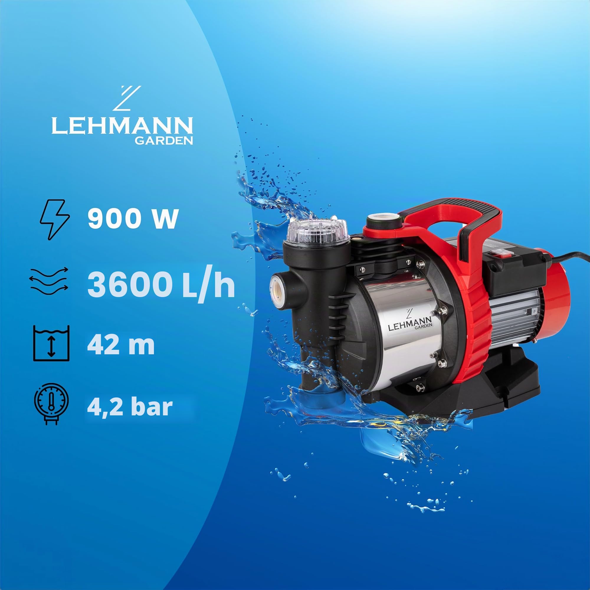 LEHMANN Pompe de Jardin 900 W, 3600 l/h, 4,2 bar Moteur à Induction Brushless, Protection Thermique, Filtre à eau, Profondeur d'aspiration max. 8 m, Hauteur de Décharge Maximale 42 m