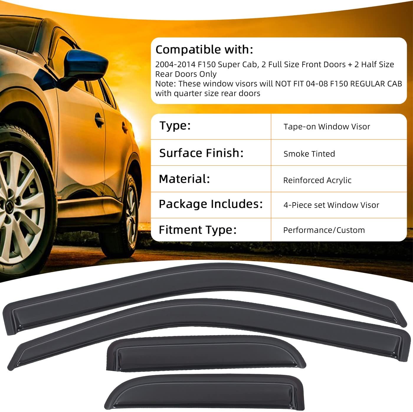 DEAL AUTO ELECTRIC PARTS Window Visors Rain Guards, Compatible with 2004-2014 Ford F150 Super Cab, Smoke Vent Window Wind Deflectors Visors, Outside Mount Tape On, 4-Piece Set