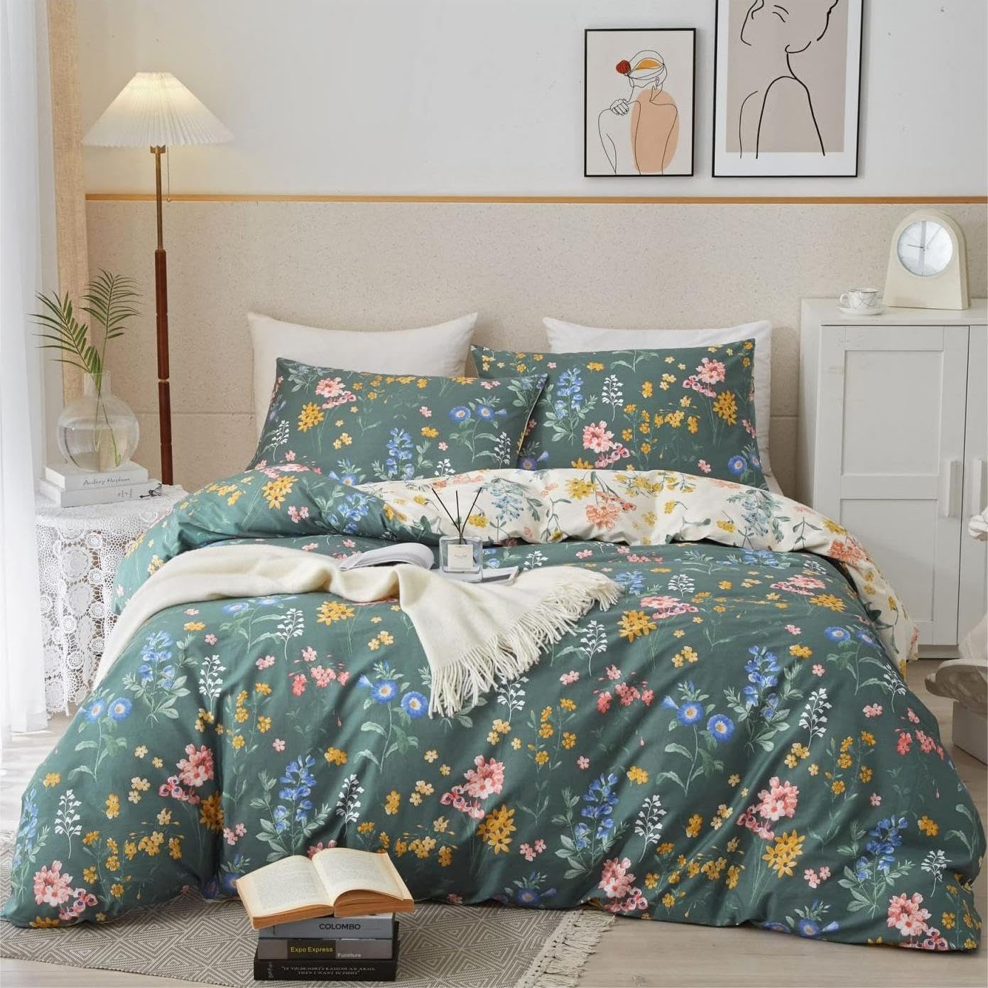 Freyamy Bettwäsche 220x240cm 3teilig Grün Dunkelgrün Bunt Blumen Blätter Pflanzen Wendebettwäsche Floral Mädchen Bettwaren-Sets 100% Microfaser Bettbezug mit Reißverschluss und 2 Kissenbezug 80x80cm