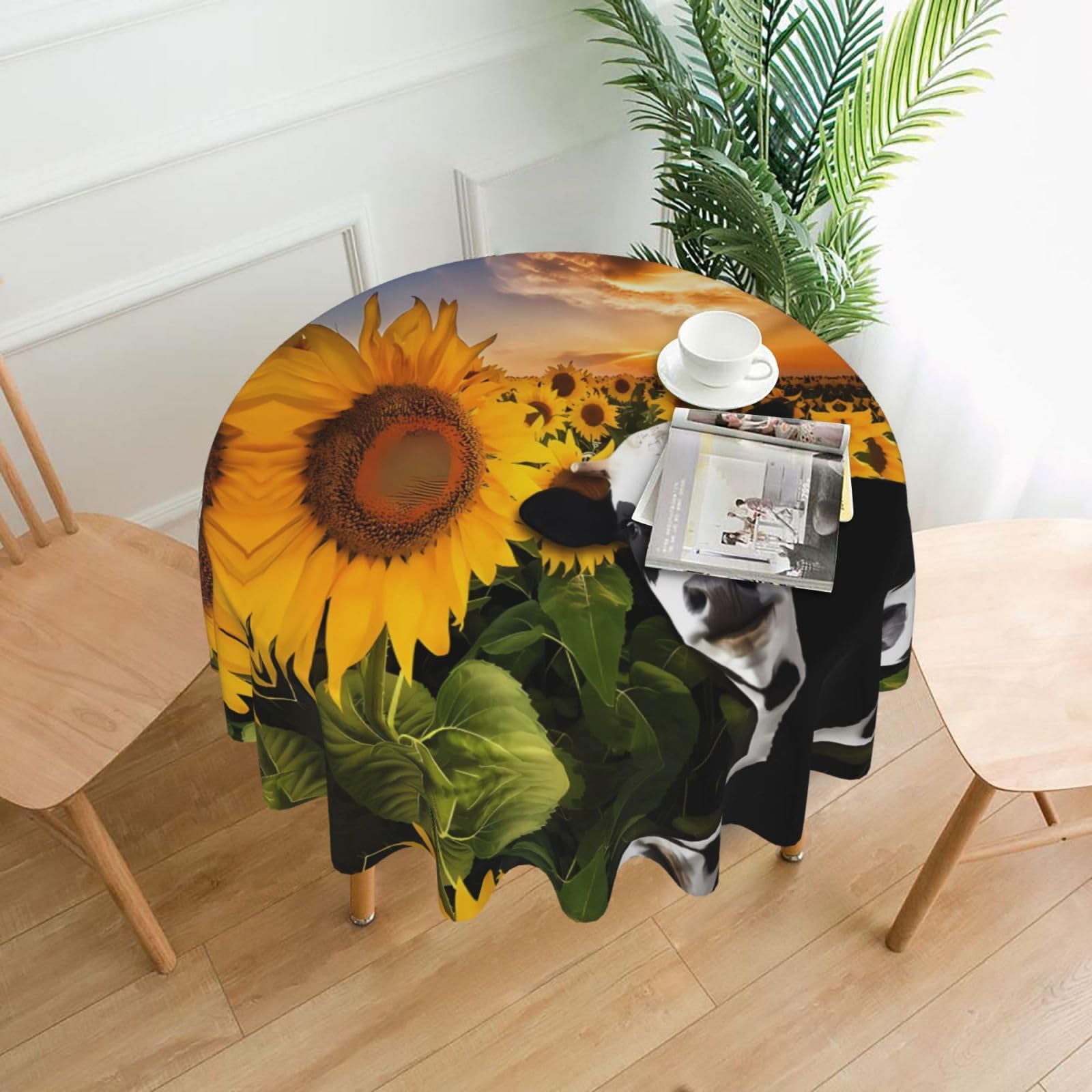 WHJSHOP Sunflower and Cow Prints Round Decorative Throw – 60in Stylish Table Cover for Dining, Parties & Outdoor Events