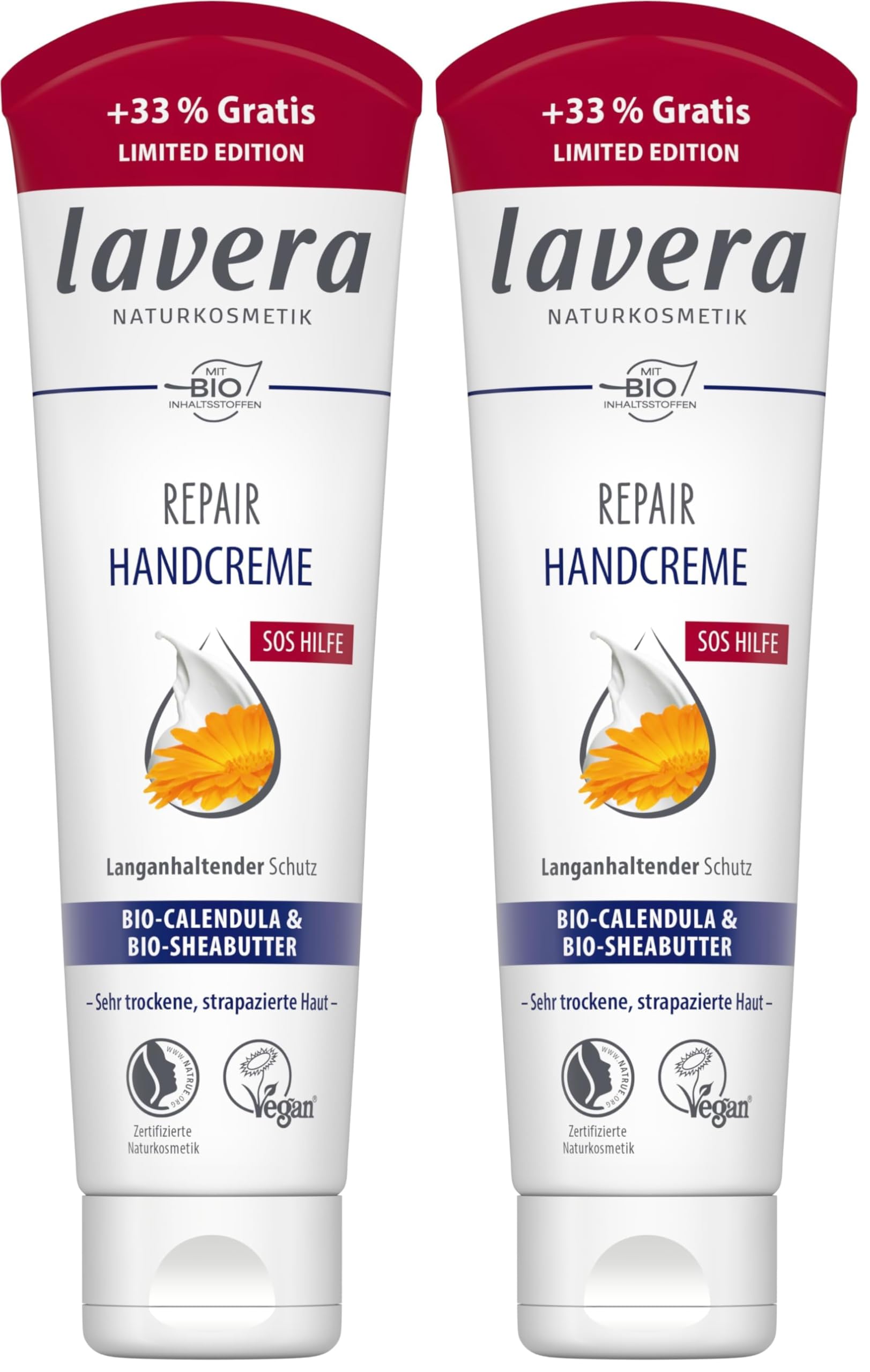 lavera Repair Handcreme - 33% mehr Inhalt - SOS Creme für Hände - lindert Spannungsgefühle - langanhaltender Schutz - vegan - Naturkosmetik - 100 ml (Packung mit 2)