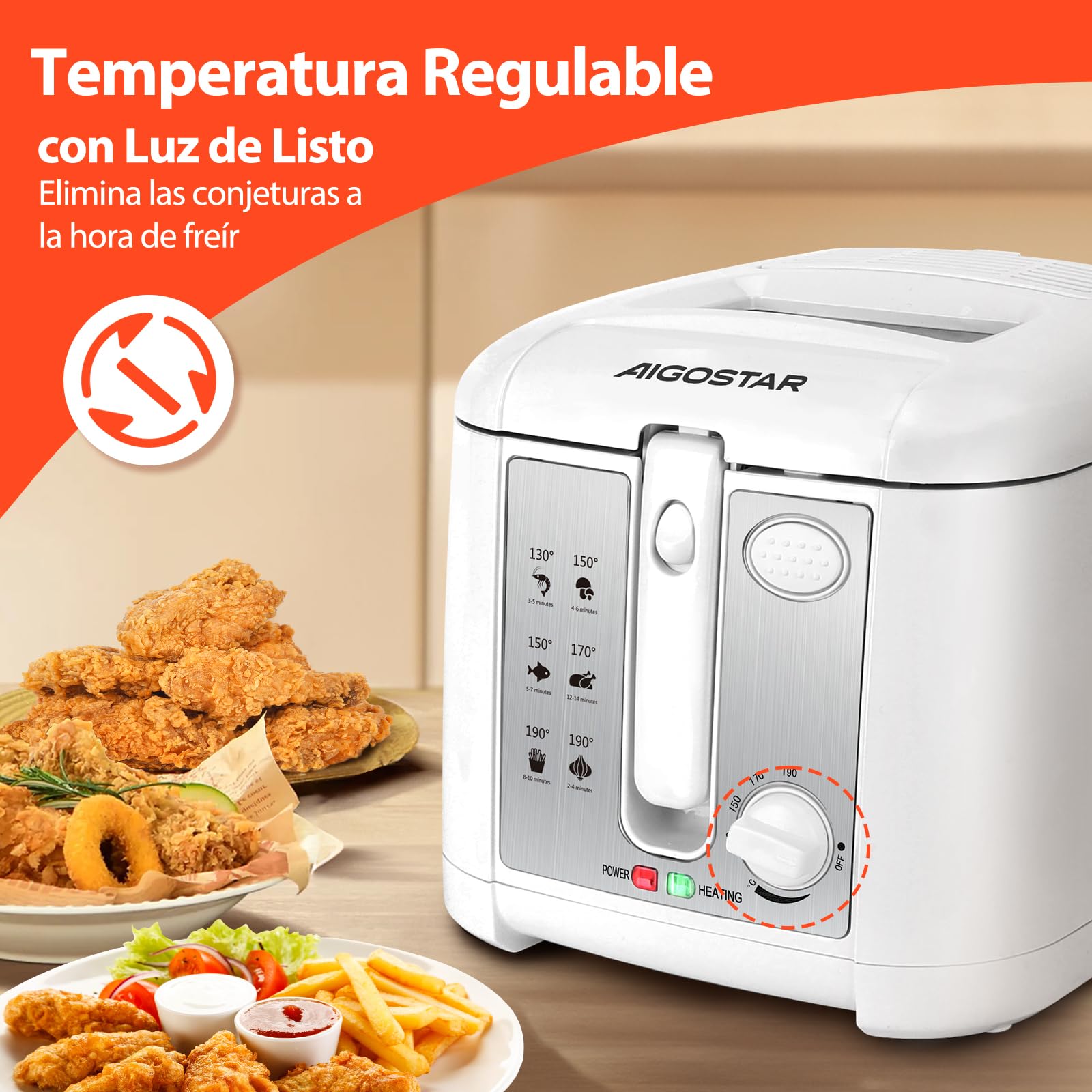 Aigostar Indra - Freidora Eléctrica 2.5L 1650W, Cesta antiadherente para freír, Termostato Ajustable, Ventana Transparente, Indicadores Luminosos, Blanco Moderno, Libre de BPA