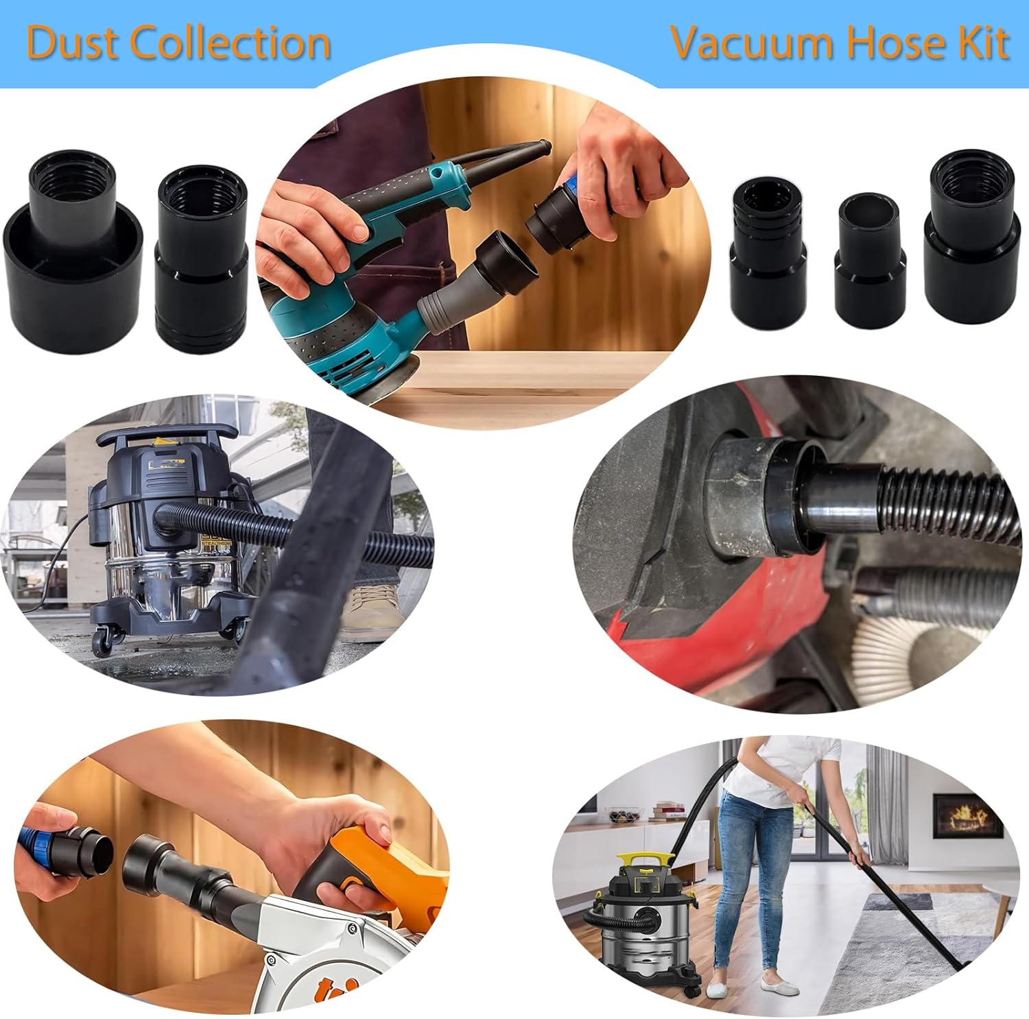 Shop Vacuum Dust Collection Hose Kit,12 Ft Dust Power Tools Hose Kit with 5 Fittings/Attachments for Shop Vacuums,Workshop, Wet/Dry, Fits Multiple Types/Brands of Woodworking Power Tools