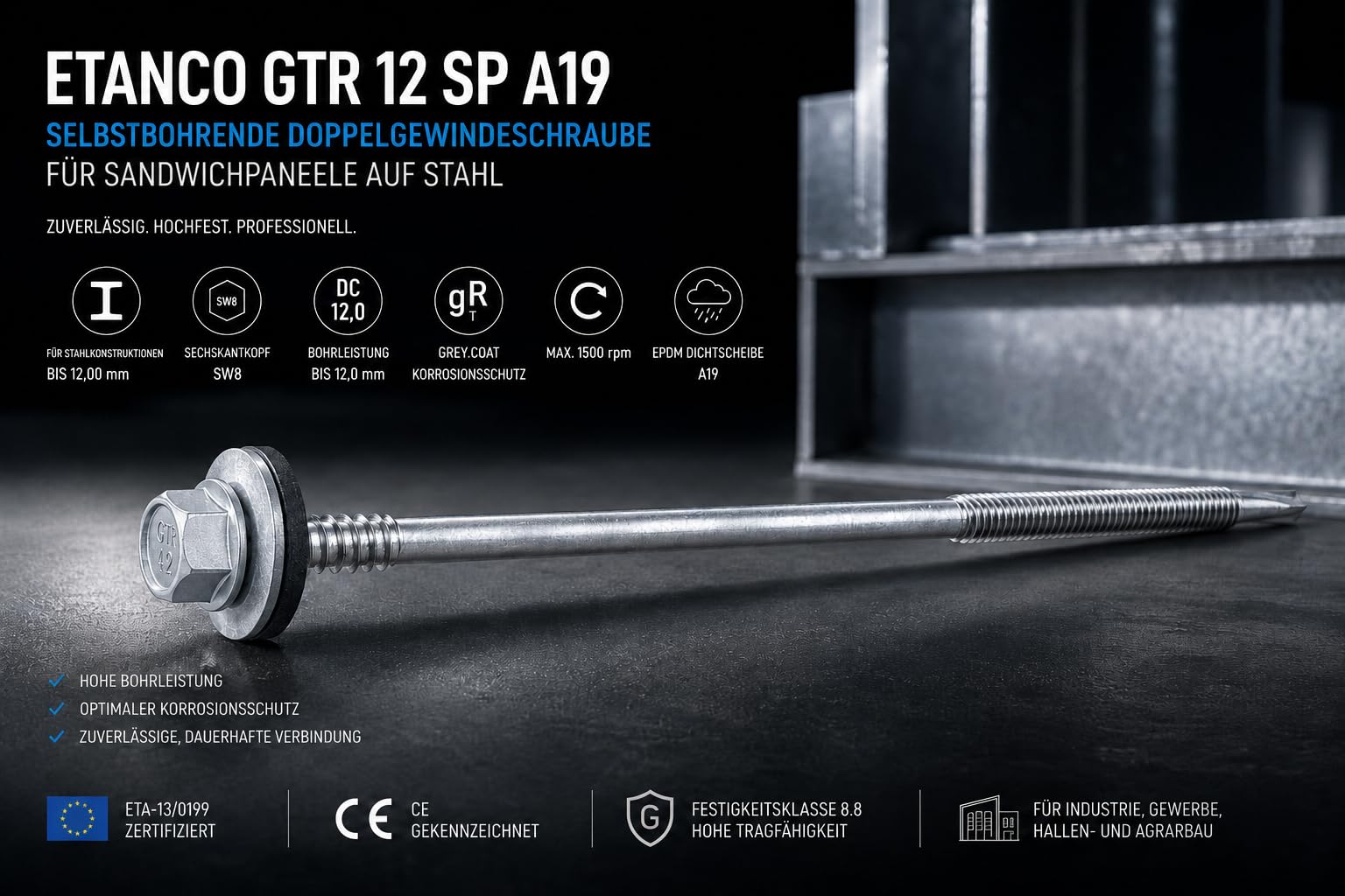 ETANCO GTR 12 SP A19 - Tornillo de doble rosca autoperforante para paneles sándwich sobre acero galvanizado EPDM Arandela ETA CE SW8 100 unidades (5,5/6,3 x 175 mm)