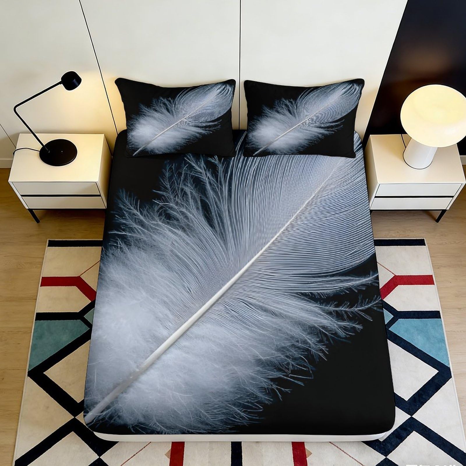 3D Printed Feather Pattern Fitted Sheet Microfiber Soft Breathable Large Feather Mattress Cover for Bedroom Dormitory Guest Room Protection 200x200x25cm