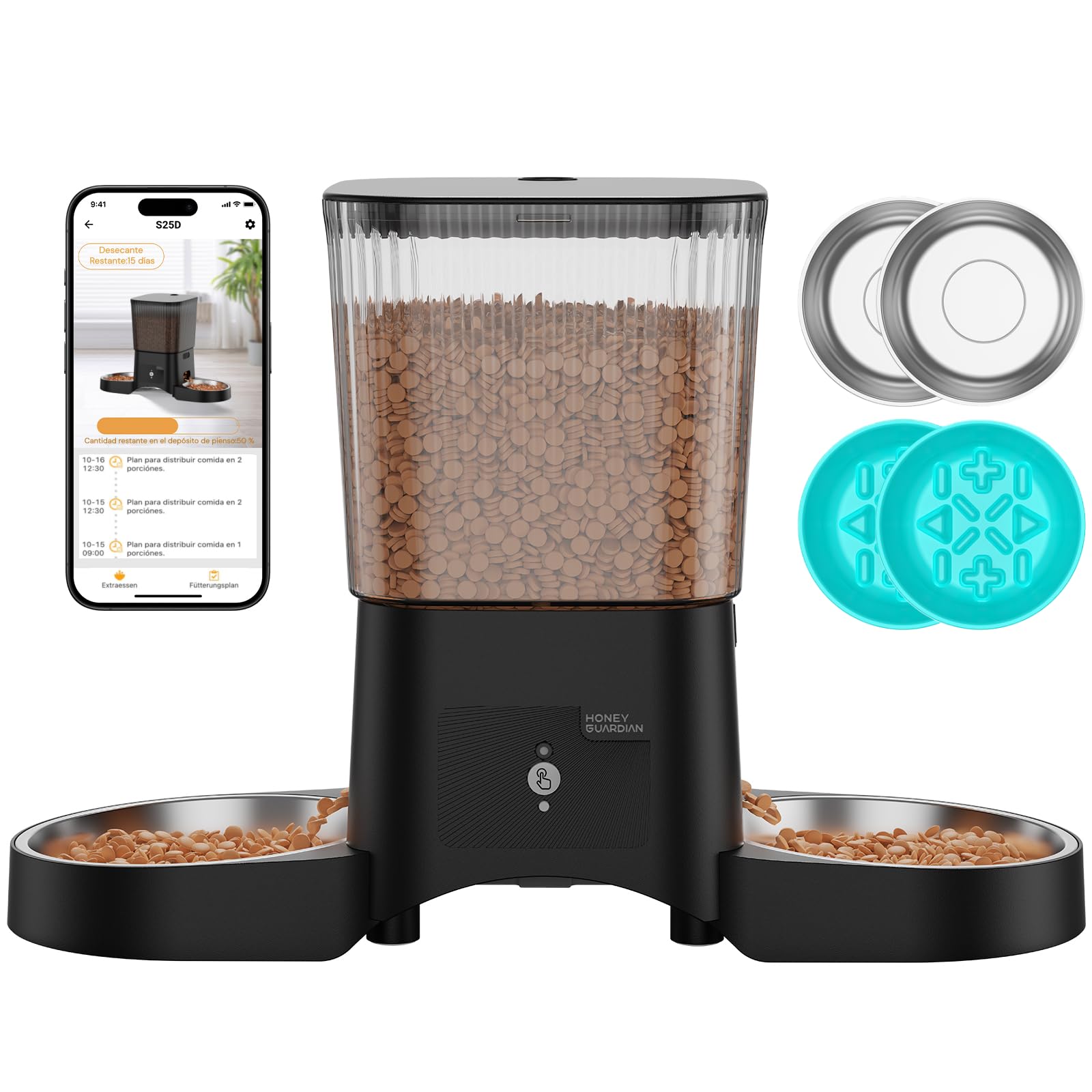 Comedero Gato Automatico 5G WiFi, HONEYGUARDIAN Dispensador Comida Seca Gatos Perros, Alimentador Automatico Gato Fácil Operación con Control App, 4 Cuencos (Acero inoxidable + Lento), 1-6 Comidas/Día