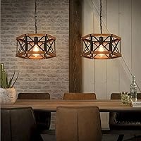 Vista 2 de Rustic Farmhouse Plug in Pendant Light Fixture with Adjustable Chain, Dimmable Switch, 14.5 inch Industrial Oak Wood and Metal Cage Hanging Lamp for