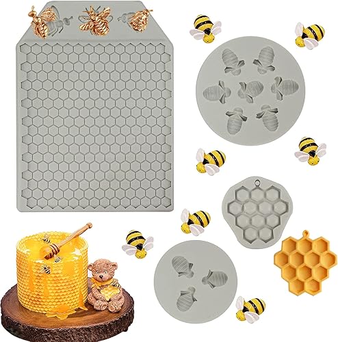 4 piezas 7 cavidades Bumble Bee Moldes de silicona moldes de panal de fondant moldes de caramelo chocolate moldes de silicona